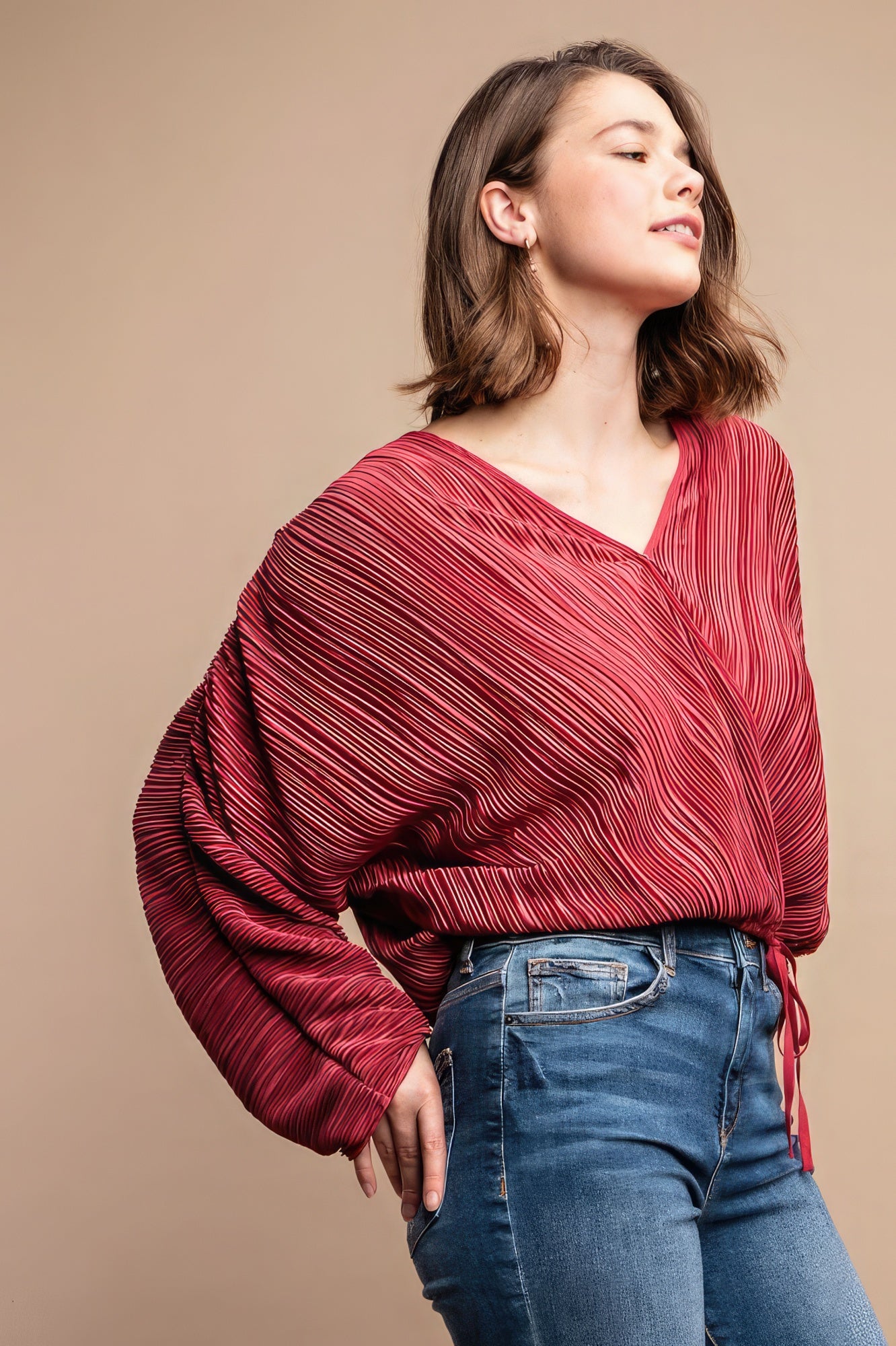 Satin Pleated Drawstring Top With Snap Button-Product Type | Naughty Smile Fashion
