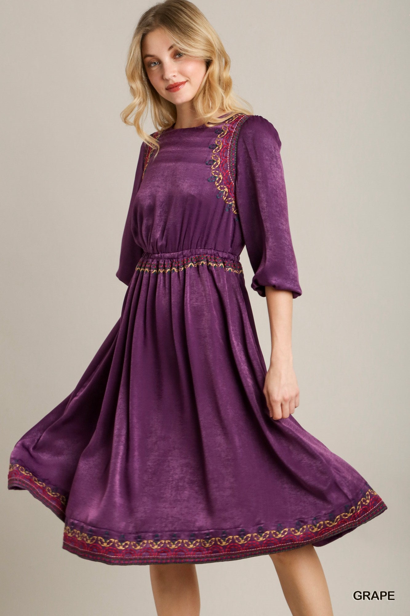Satin Round Neck Embroidery Midi Dress-Product Type | Naughty Smile Fashion