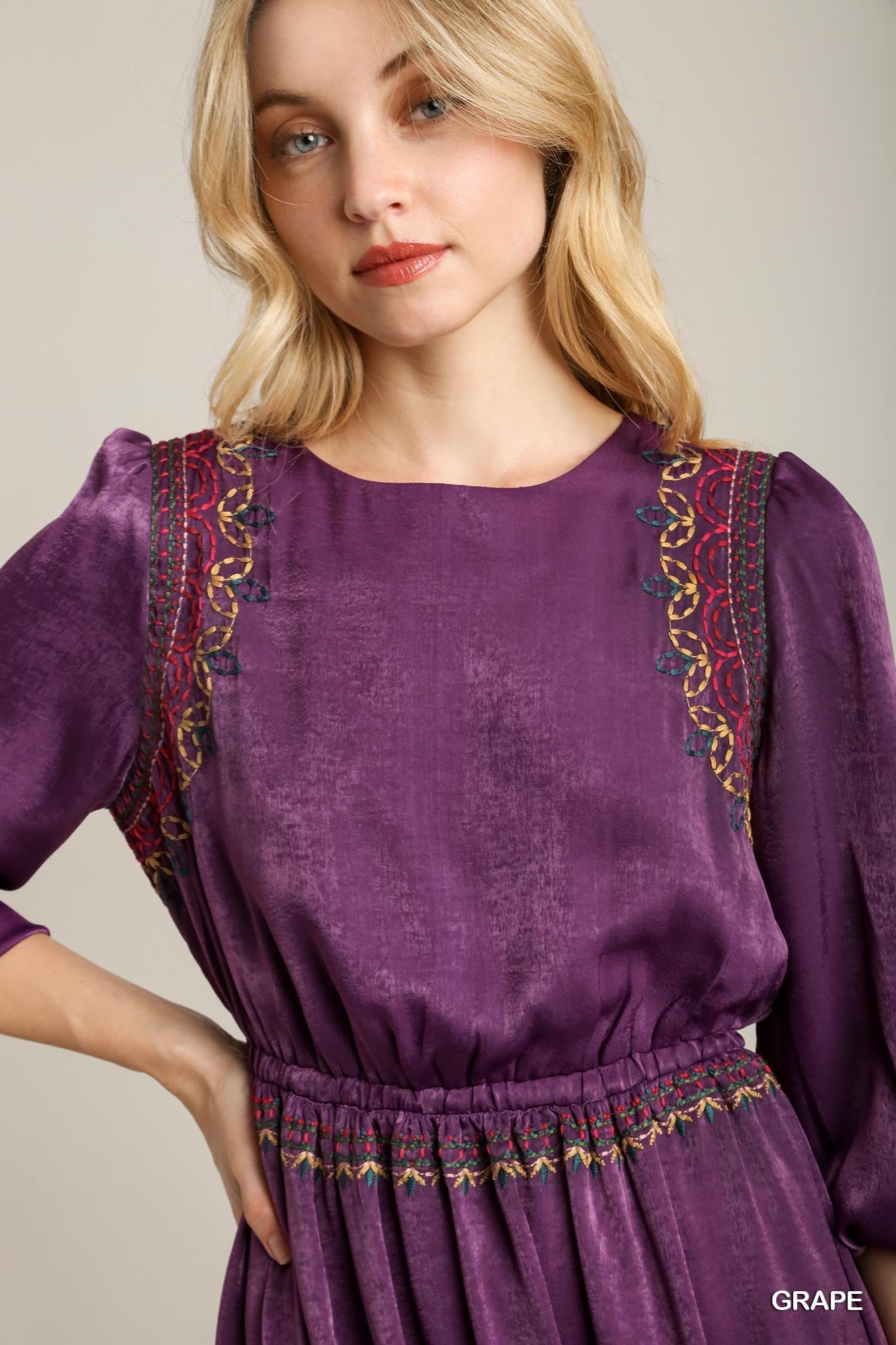 Satin Round Neck Embroidery Midi Dress-Product Type | Naughty Smile Fashion