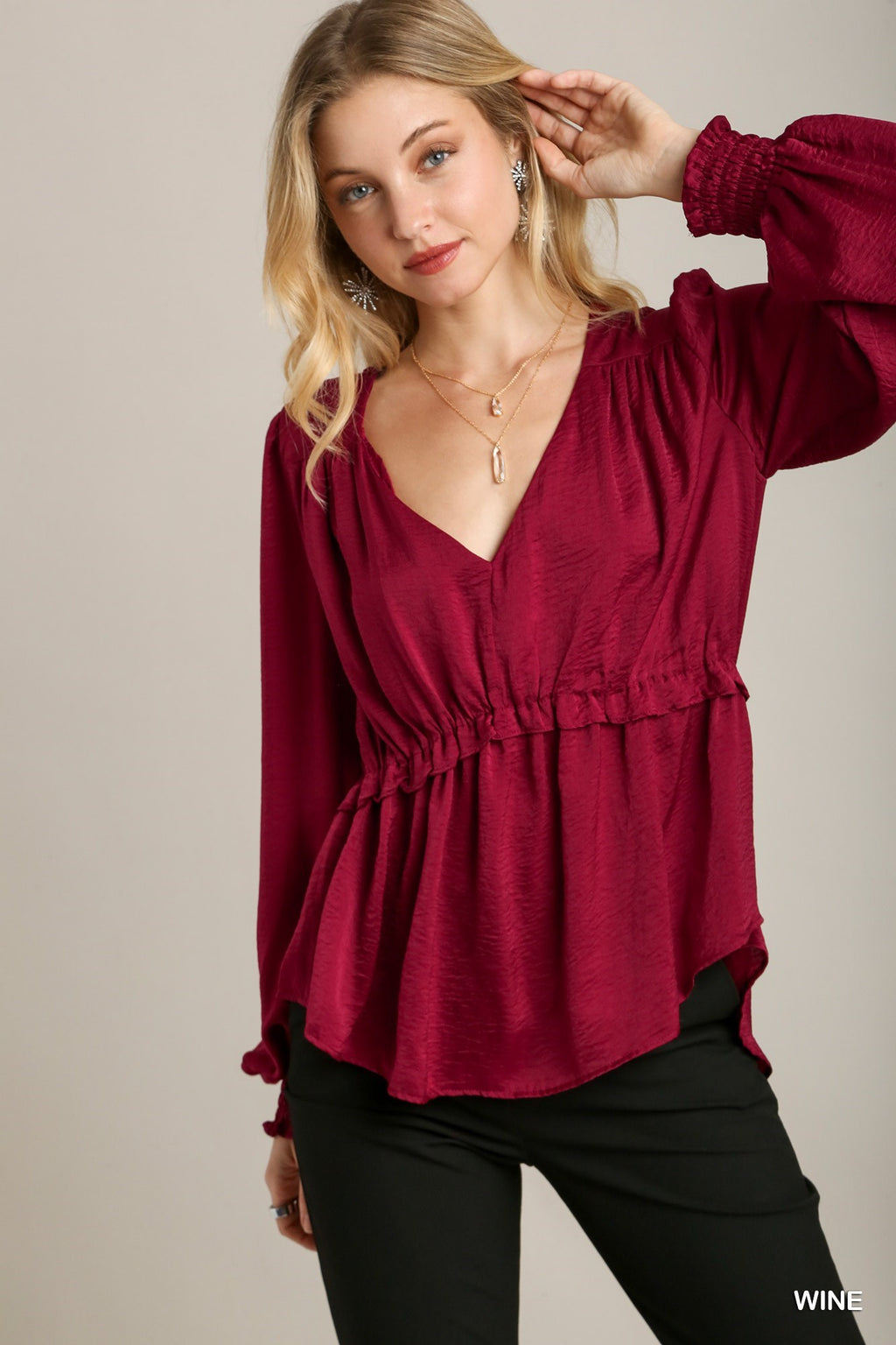 Satin V-neck Ruffle Baby Doll Top With Cuffed Long Sleeve-Product Type | Naughty Smile Fashion