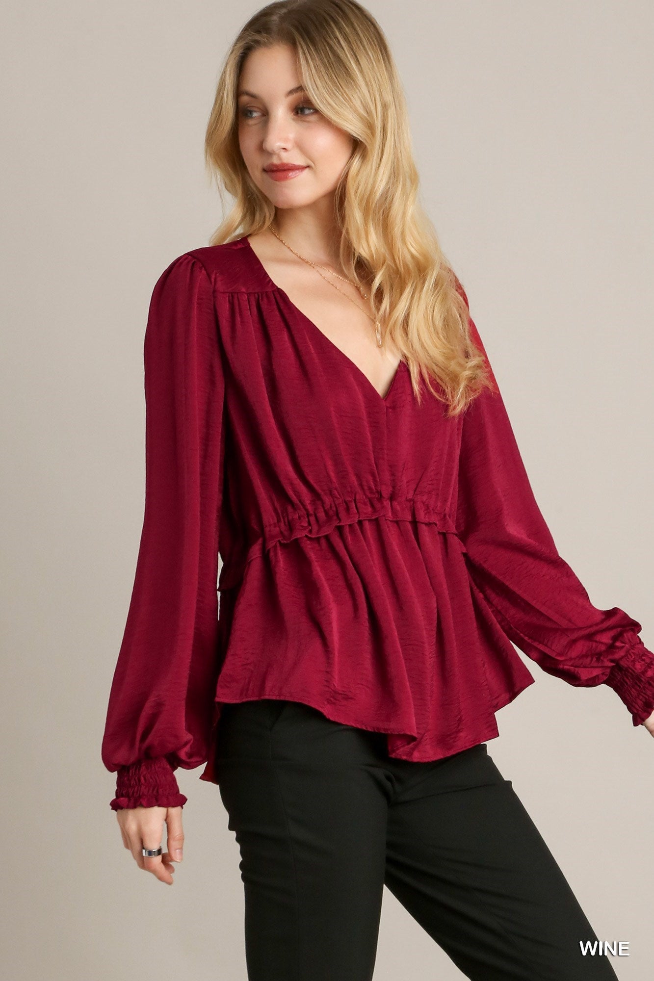 Satin V-neck Ruffle Baby Doll Top With Cuffed Long Sleeve-Product Type | Naughty Smile Fashion