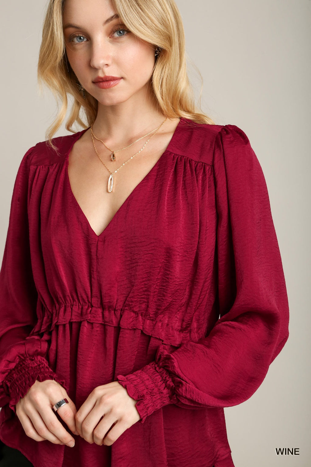 Satin V-neck Ruffle Baby Doll Top With Cuffed Long Sleeve-Product Type | Naughty Smile Fashion