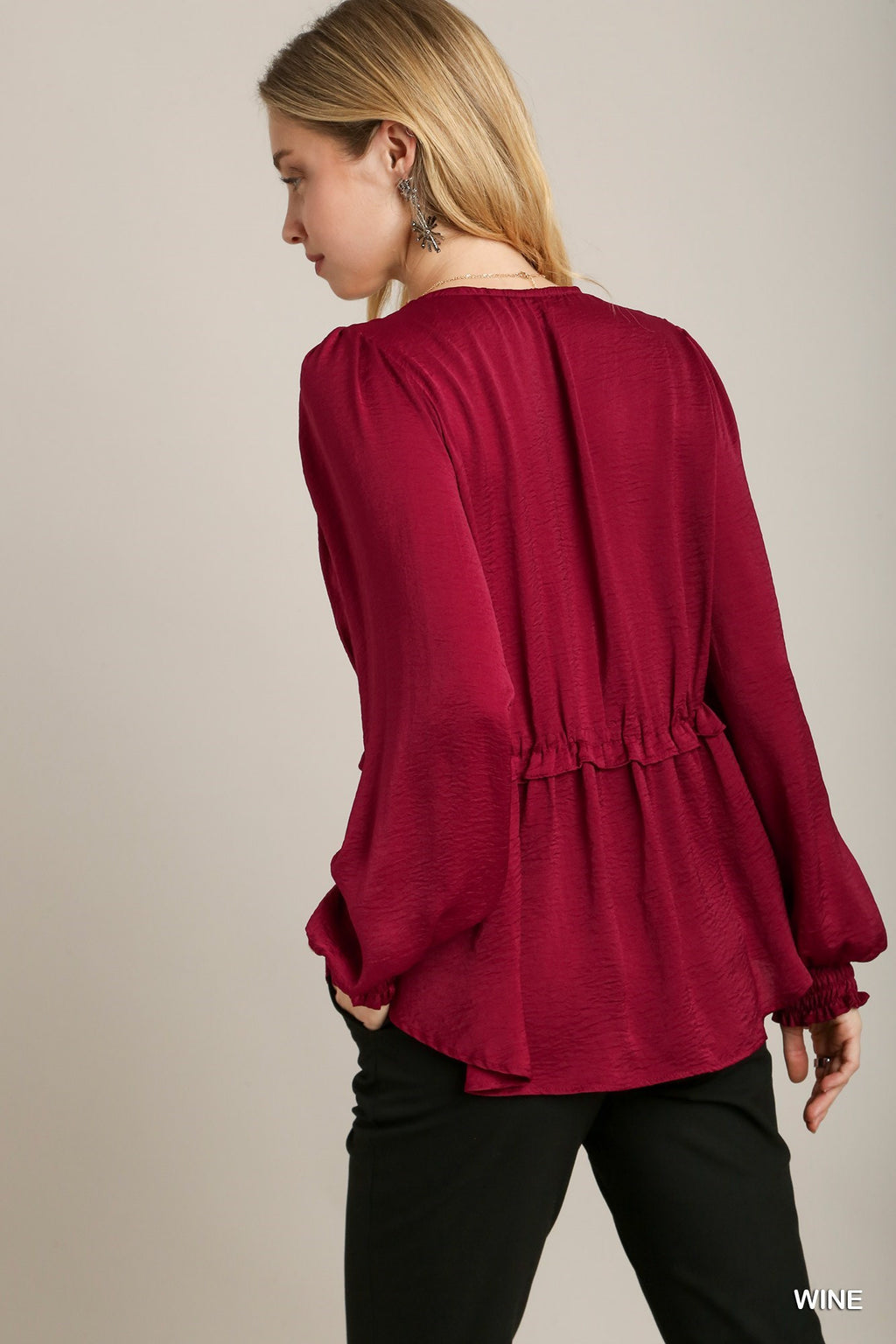 Satin V-neck Ruffle Baby Doll Top With Cuffed Long Sleeve-Product Type | Naughty Smile Fashion