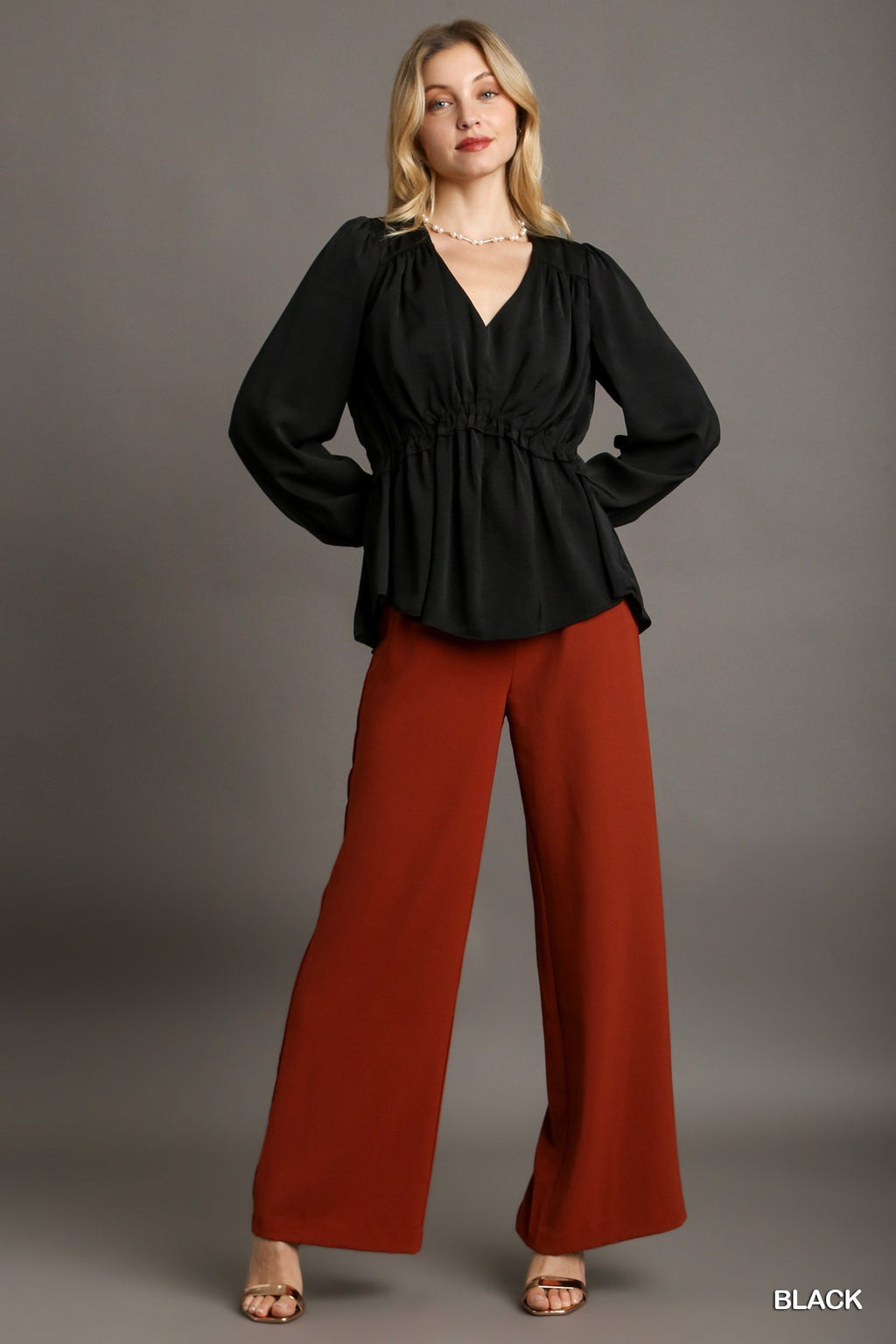 Satin V-neck Ruffle Baby Doll Top With Cuffed Long Sleeve-Product Type | Naughty Smile Fashion
