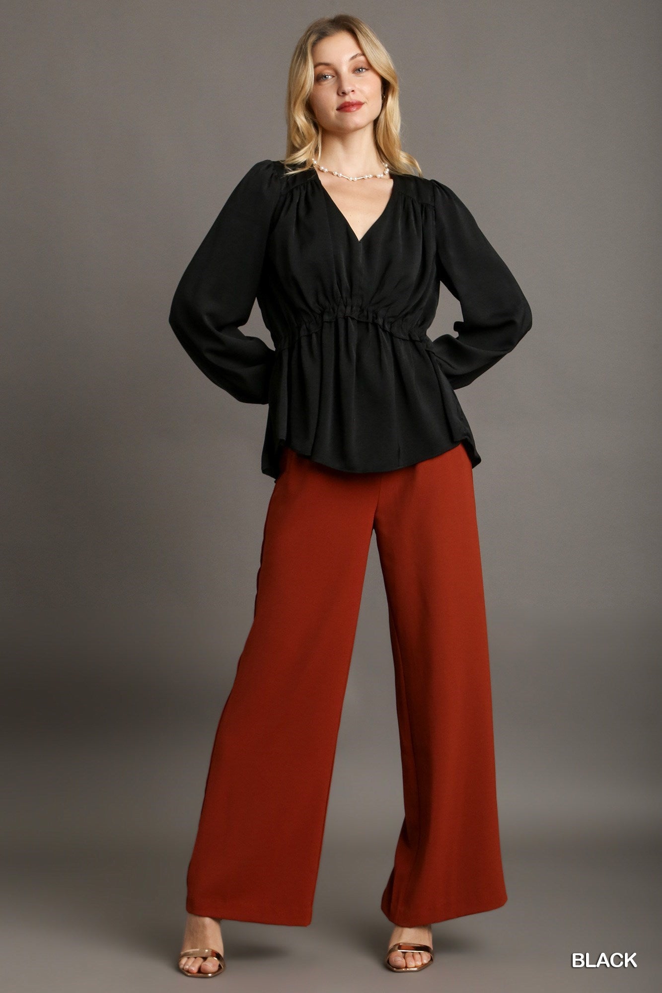 Satin V-neck Ruffle Baby Doll Top With Cuffed Long Sleeve-Product Type | Naughty Smile Fashion