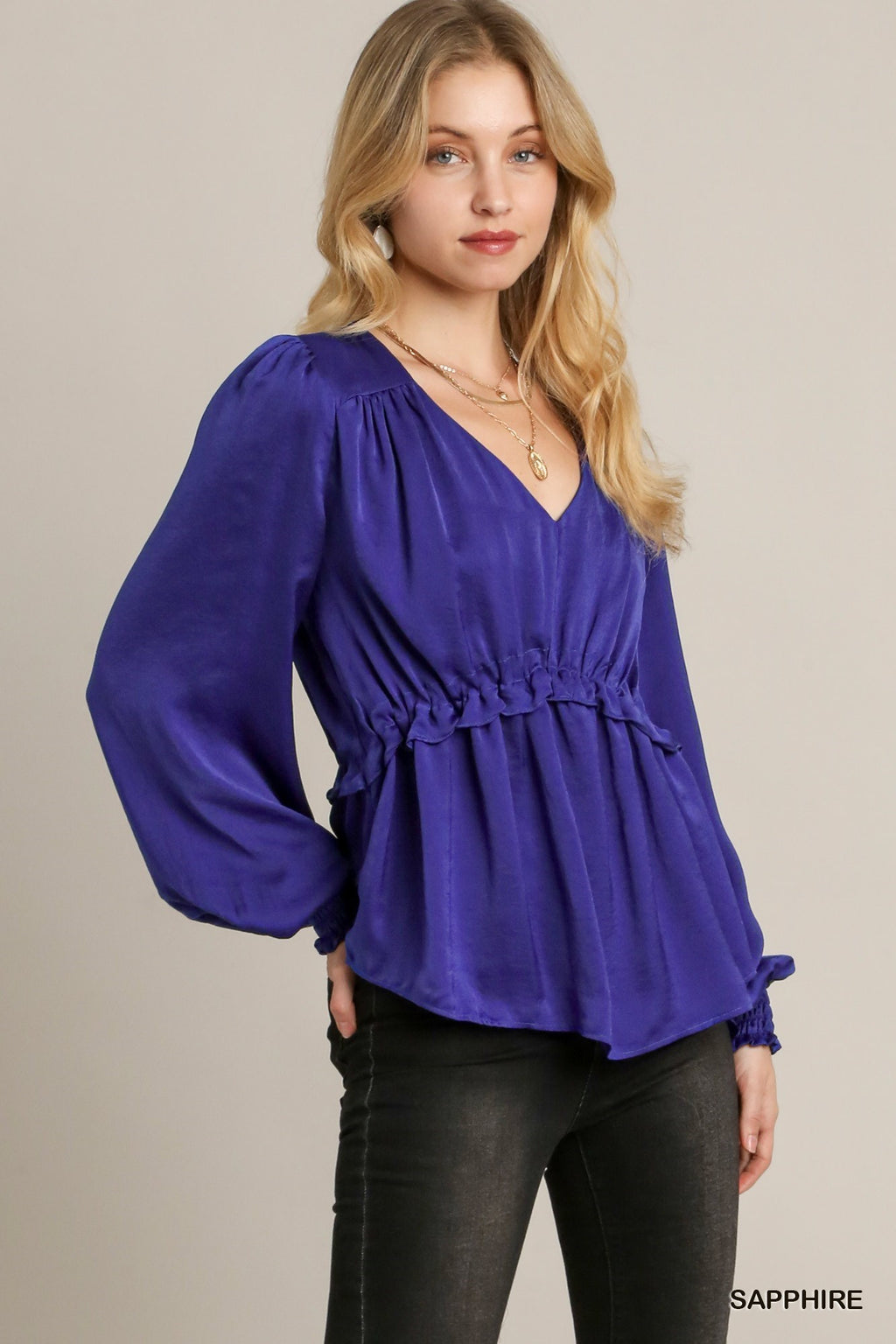 Satin V-neck Ruffle Baby Doll Top With Cuffed Long Sleeve-Product Type | Naughty Smile Fashion