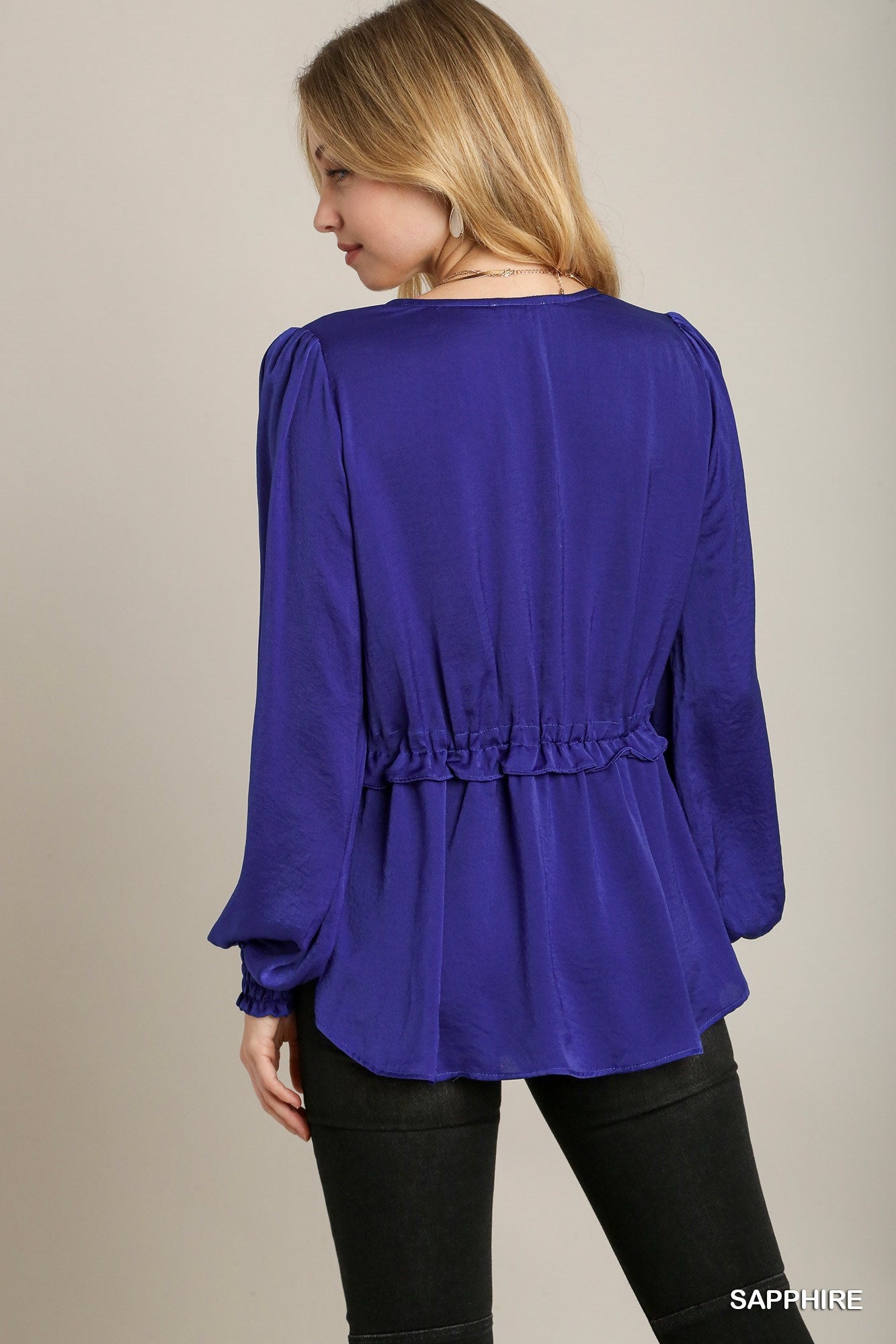 Satin V-neck Ruffle Baby Doll Top With Cuffed Long Sleeve-Product Type | Naughty Smile Fashion