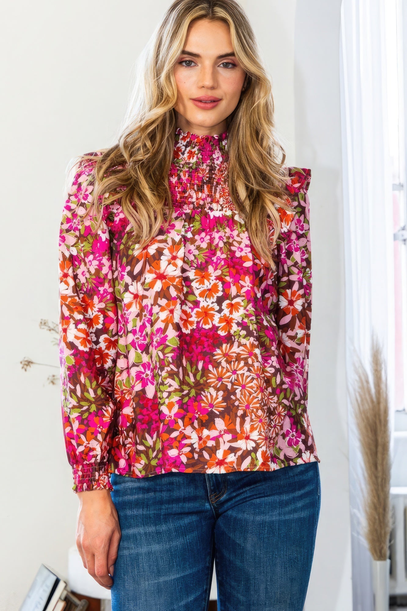 Floral Mock Neck Smocked Yoke Blouse-Product Type | Naughty Smile Fashion