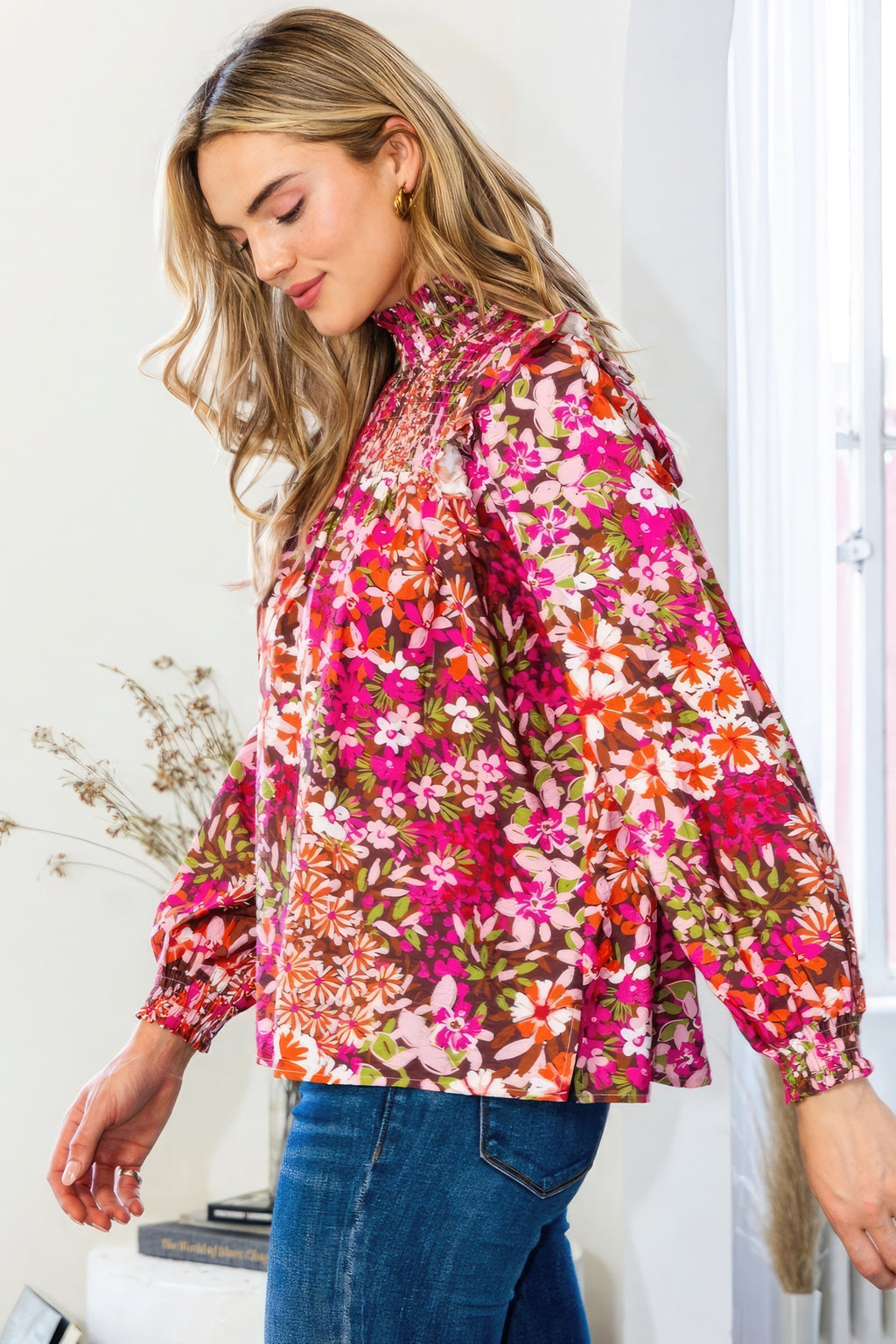 Floral Mock Neck Smocked Yoke Blouse-Product Type | Naughty Smile Fashion