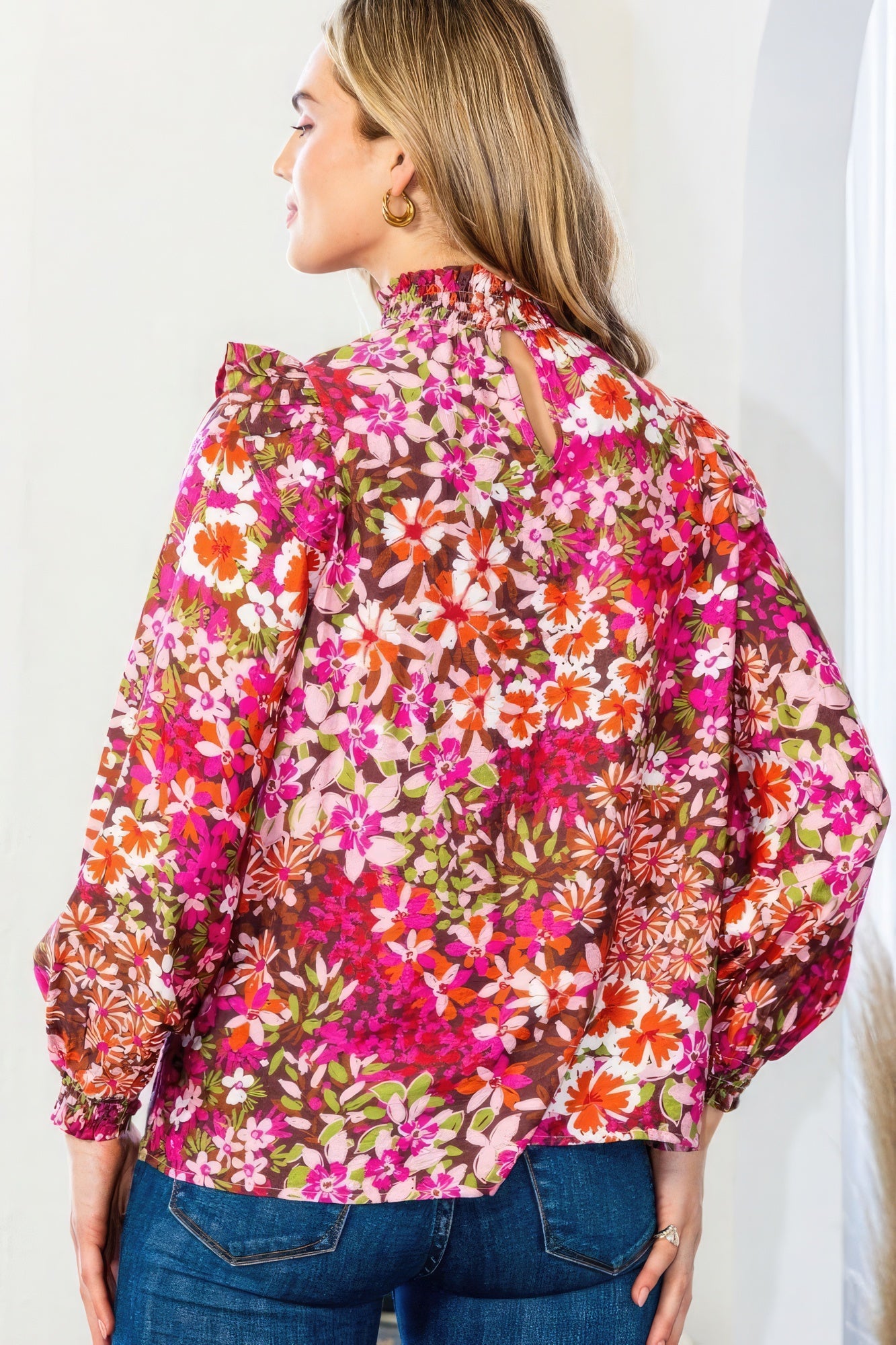 Floral Mock Neck Smocked Yoke Blouse-Product Type | Naughty Smile Fashion