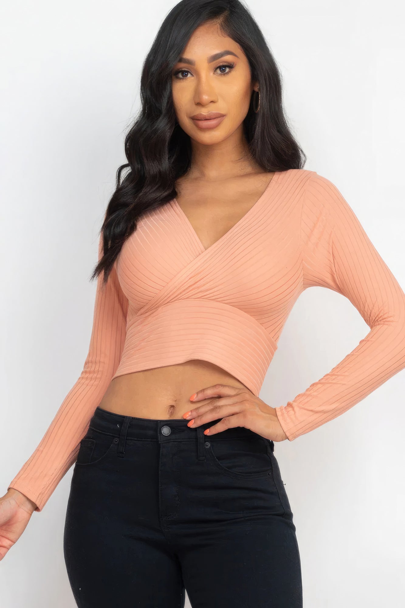 Ribbed Wrap Front Long Sleeve Top-Product Type | Naughty Smile Fashion