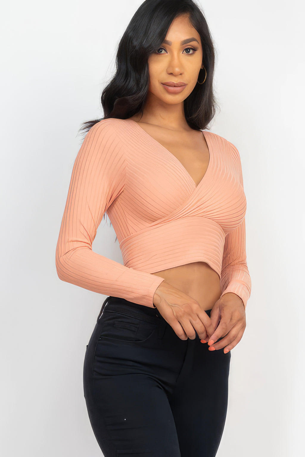 Ribbed Wrap Front Long Sleeve Top-Product Type | Naughty Smile Fashion