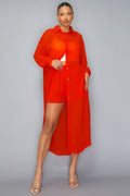 Chiffon Button Down Long Sleeve Side Slit Long Top With Short Set-Product Type | Naughty Smile Fashion