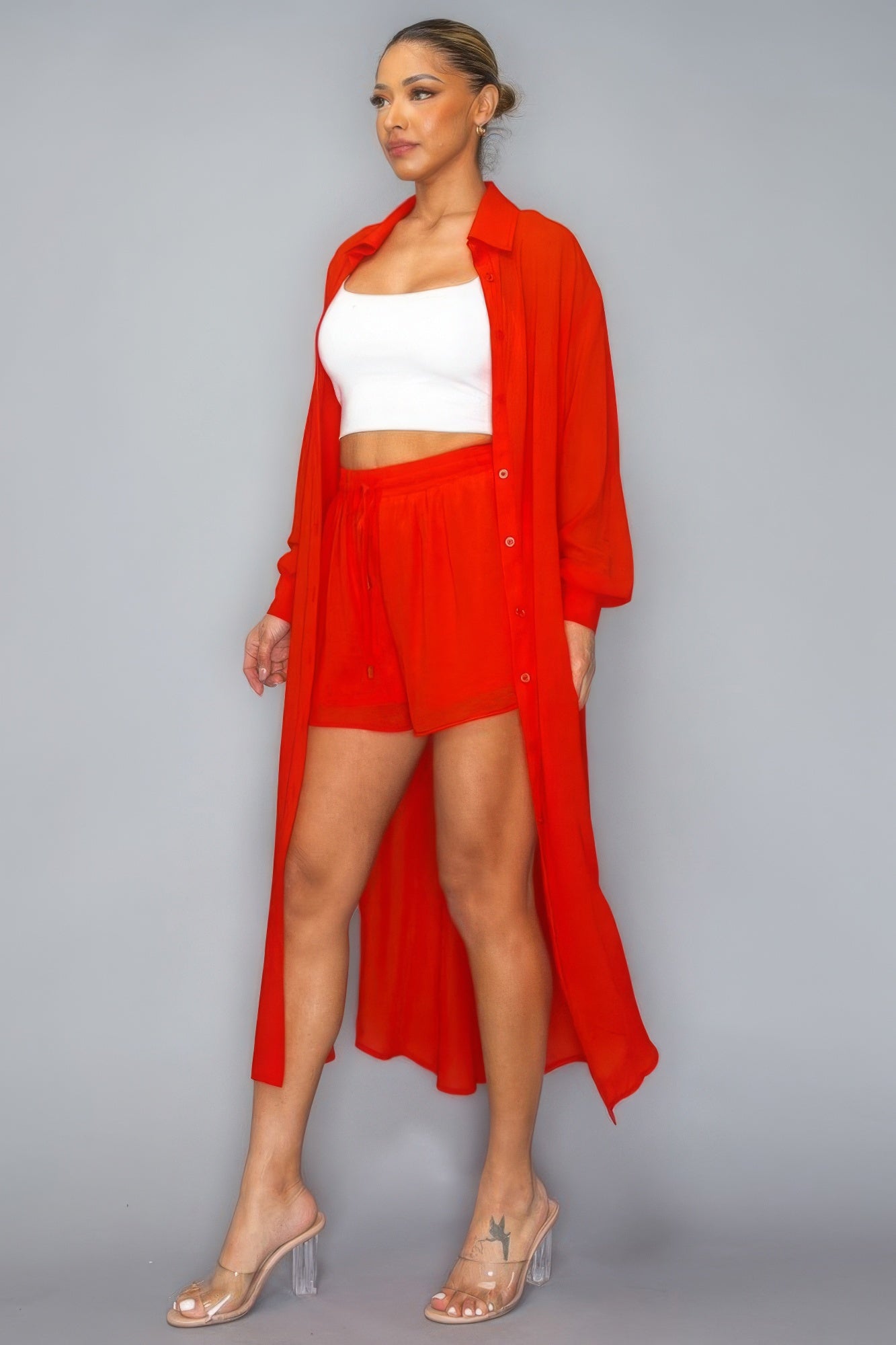 Chiffon Button Down Long Sleeve Side Slit Long Top With Short Set-Product Type | Naughty Smile Fashion