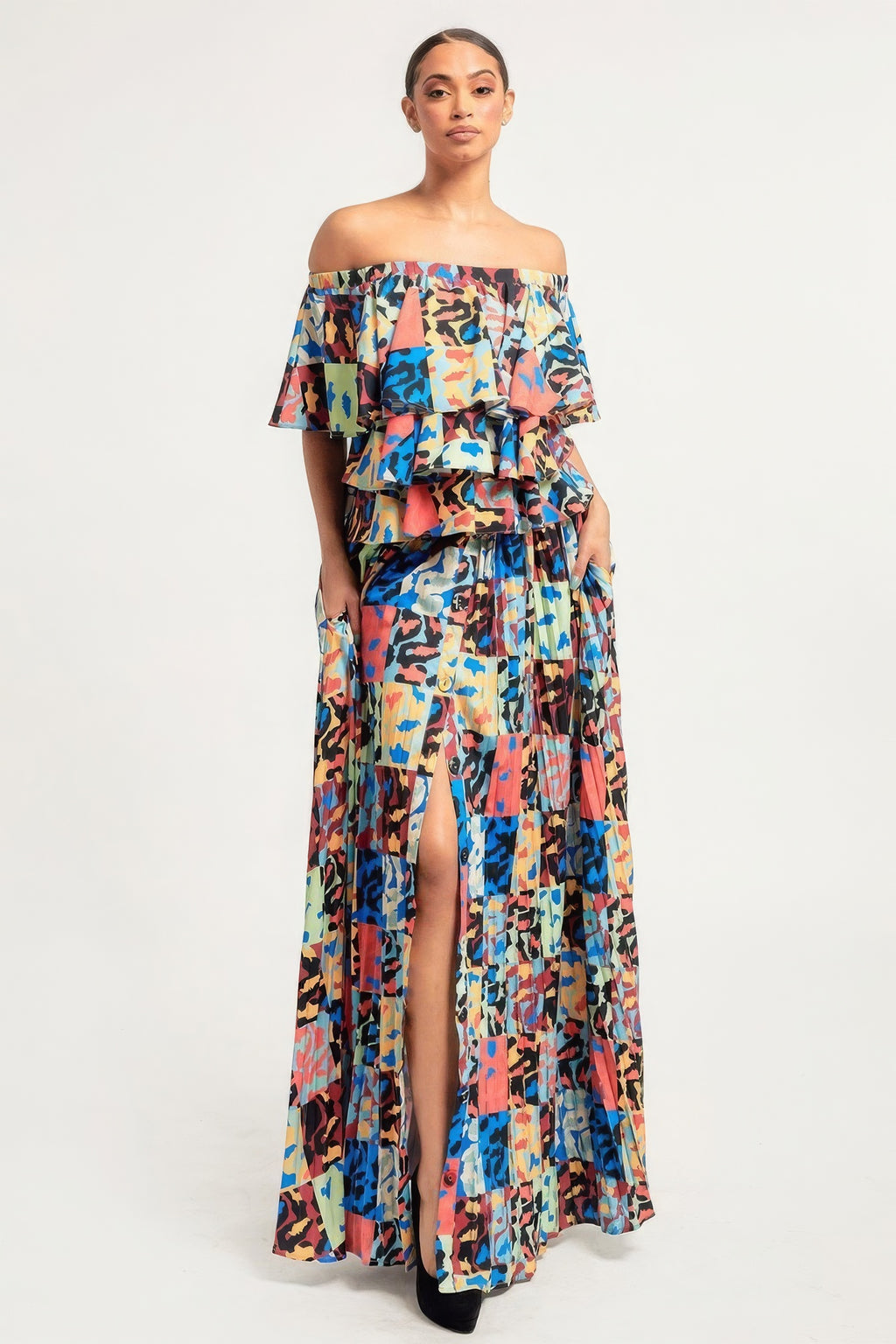 Printed Ruffle Top And Pleated Skirt Set-Product Type | Naughty Smile Fashion
