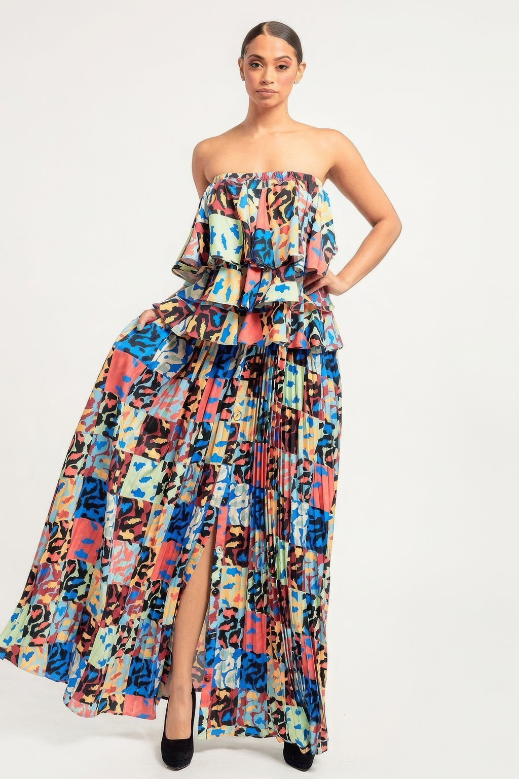 Printed Ruffle Top And Pleated Skirt Set-Product Type | Naughty Smile Fashion