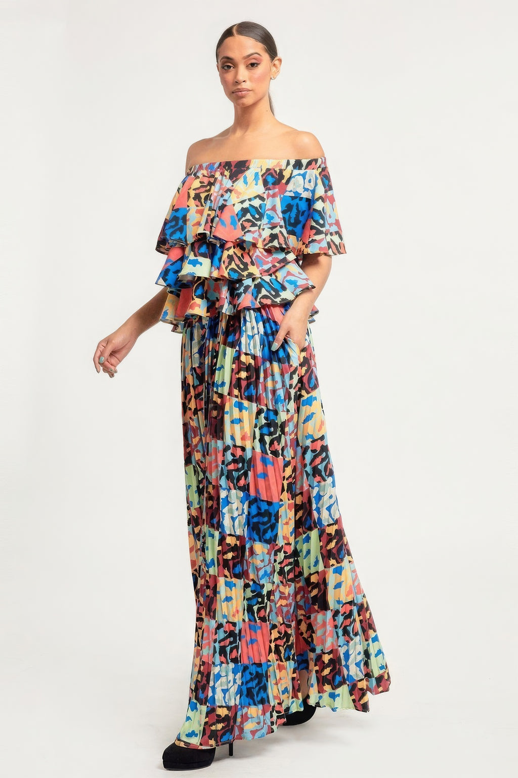 Printed Ruffle Top And Pleated Skirt Set-Product Type | Naughty Smile Fashion