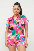 Satin Dolman Print Button Down Top And Shorts Set-Product Type | Naughty Smile Fashion