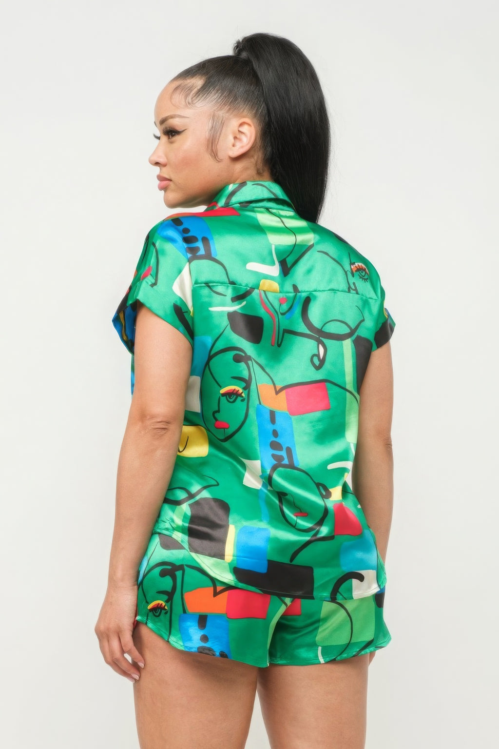 Satin Dolman Print Button Down Top And Shorts Set-Product Type | Naughty Smile Fashion