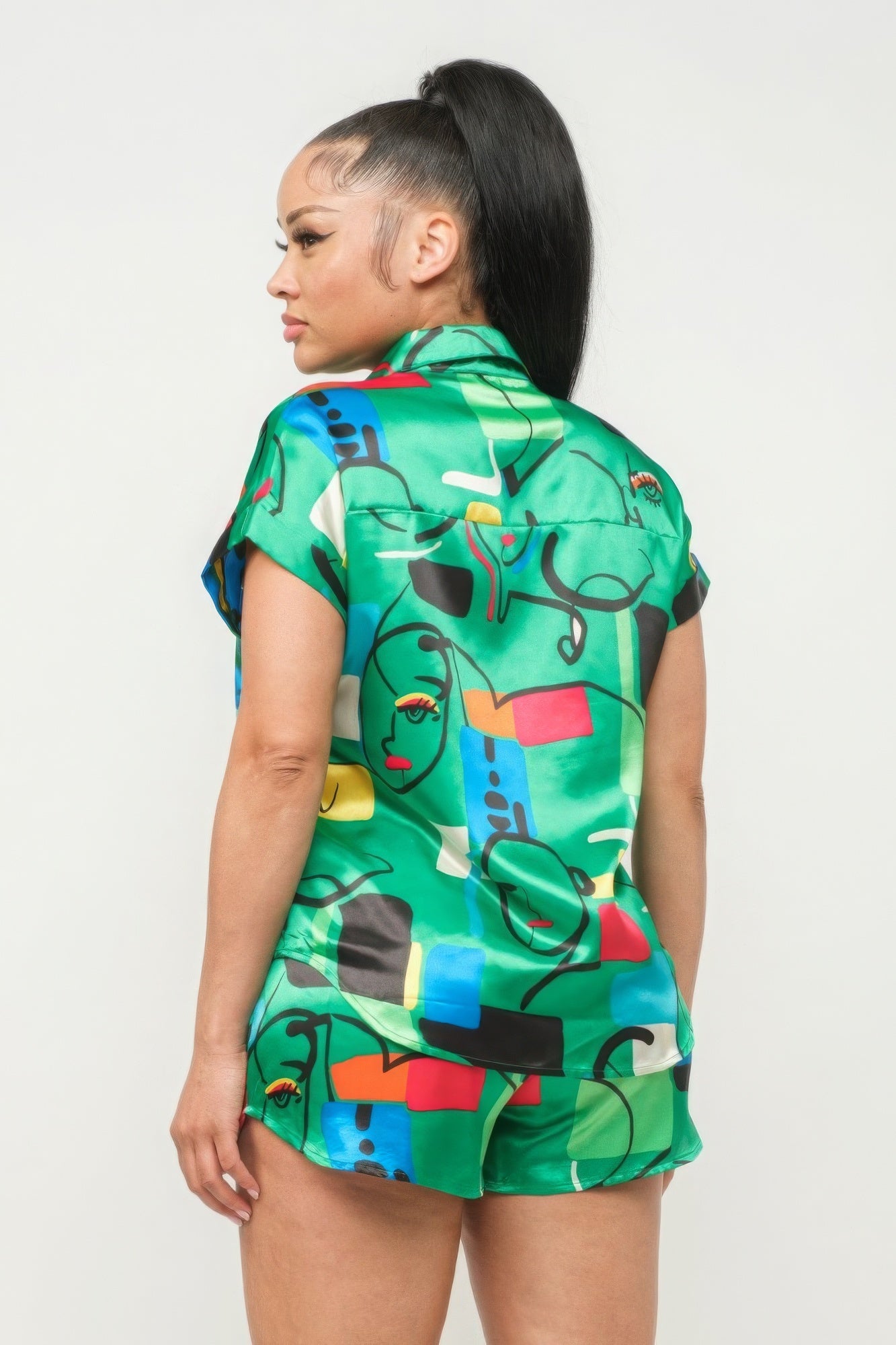 Satin Dolman Print Button Down Top And Shorts Set-Product Type | Naughty Smile Fashion