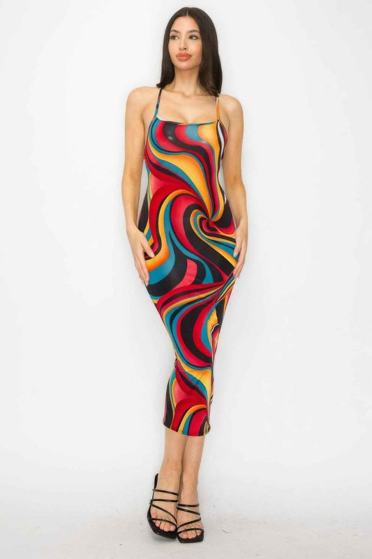 Sale - Crossed Back Marble Print Multicolor Midi Dress – On Sale Now