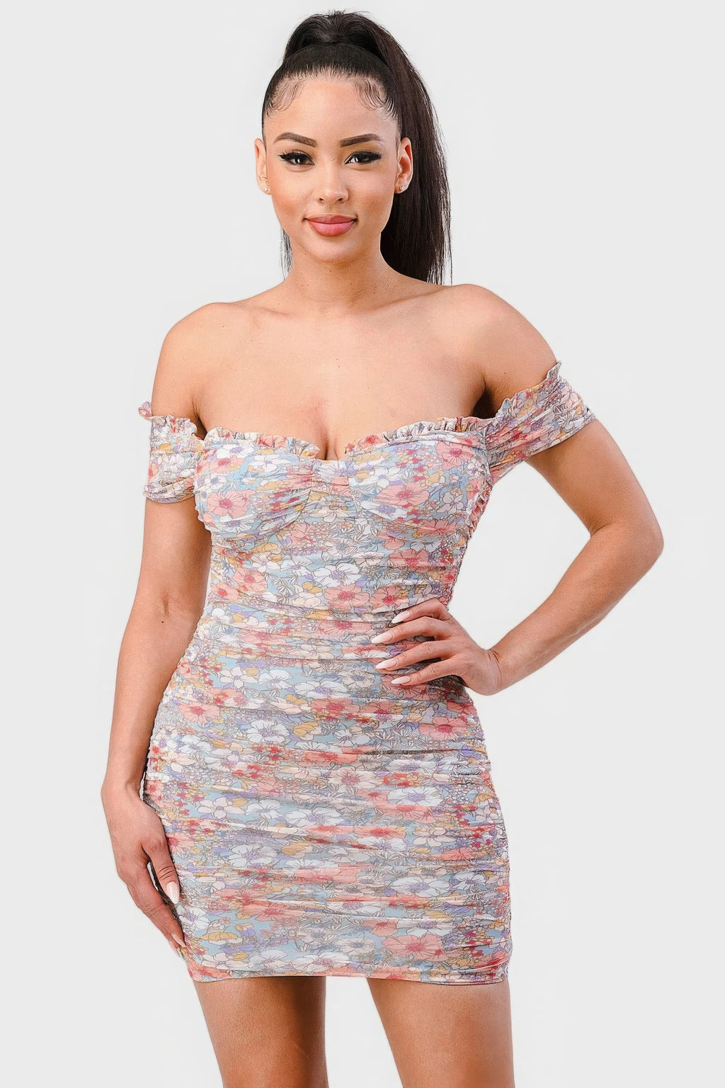 Floral Print Mesh Sweetheart Ruffled Off Shoulder Ruched Mini Dress-Product Type | Naughty Smile Fashion