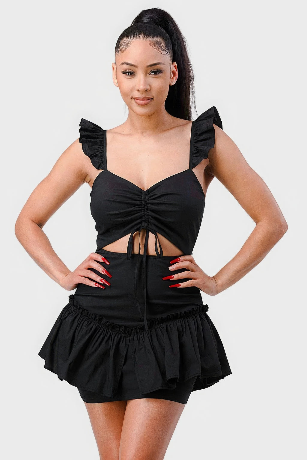 Sweetheart With Drawstring Bow Cutout Ruffled Flutter Sleeves Mini Dress-Product Type | Naughty Smile Fashion