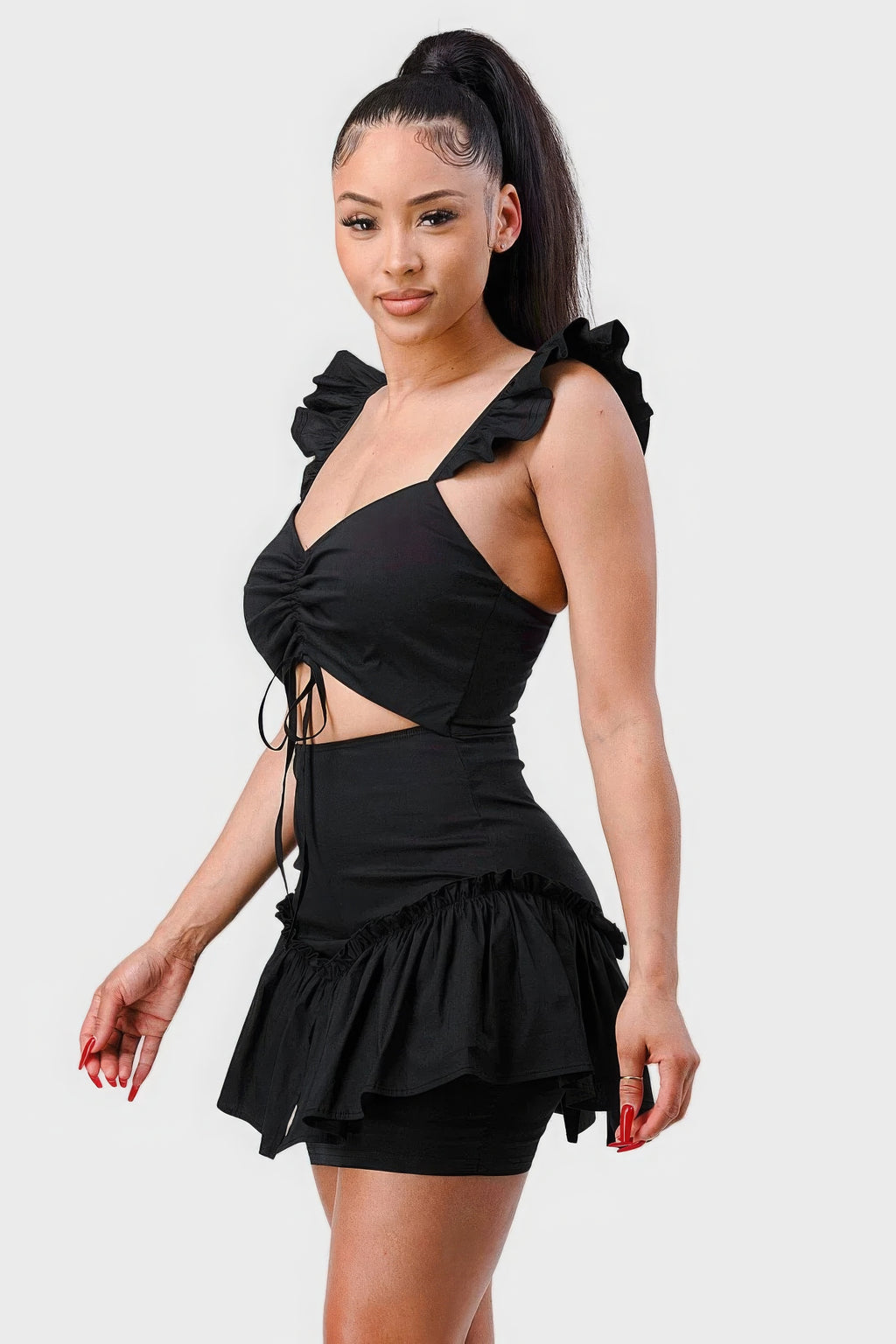 Sweetheart With Drawstring Bow Cutout Ruffled Flutter Sleeves Mini Dress-Product Type | Naughty Smile Fashion