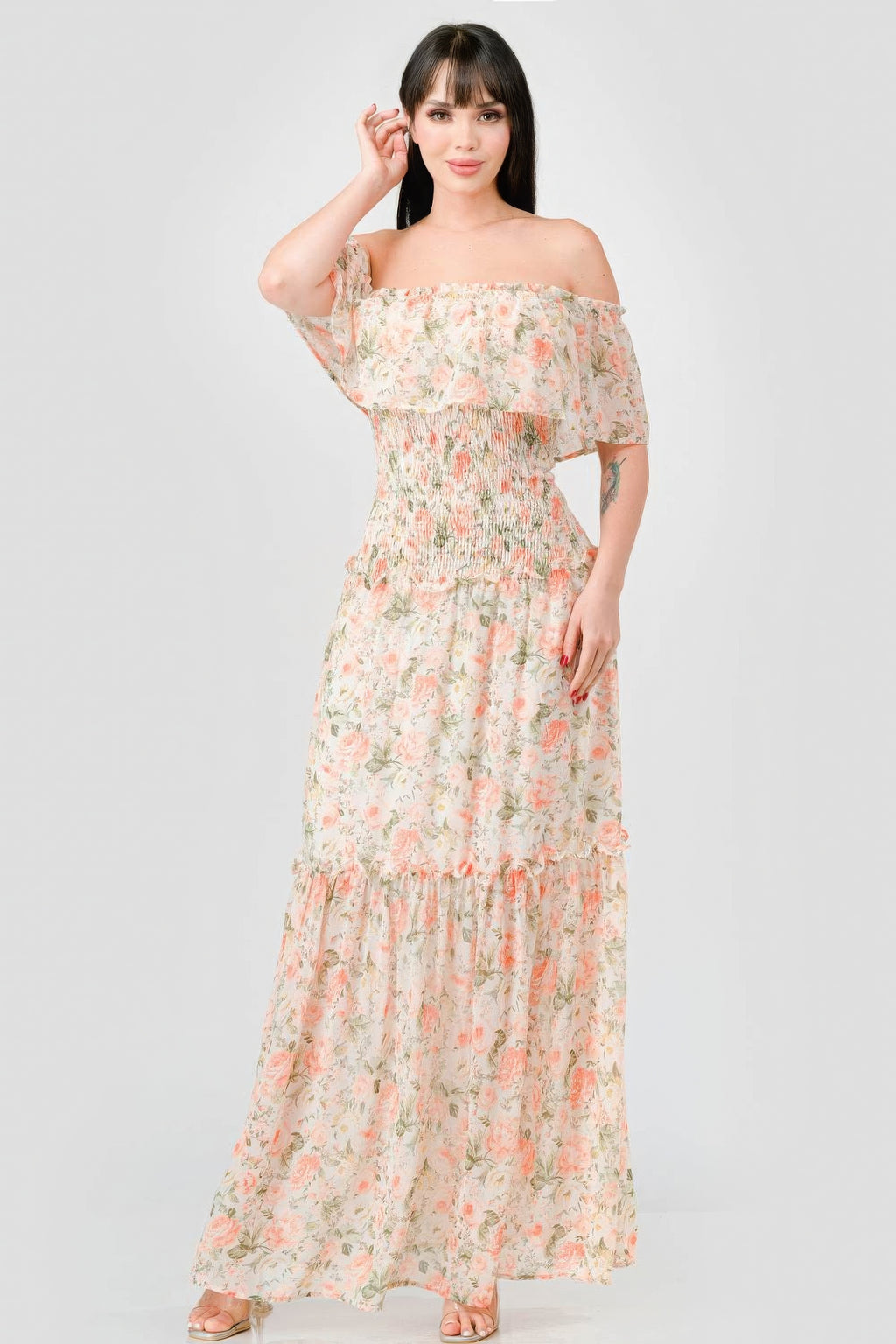 Floral Chiffon Off Shoulder Smocked Back Ruffled Tiered Maxi Dress-Product Type | Naughty Smile Fashion