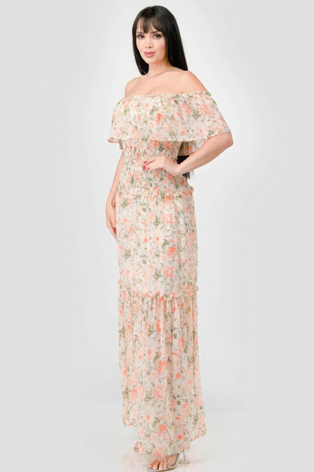 Floral Chiffon Off Shoulder Smocked Back Ruffled Tiered Maxi Dress-Product Type | Naughty Smile Fashion