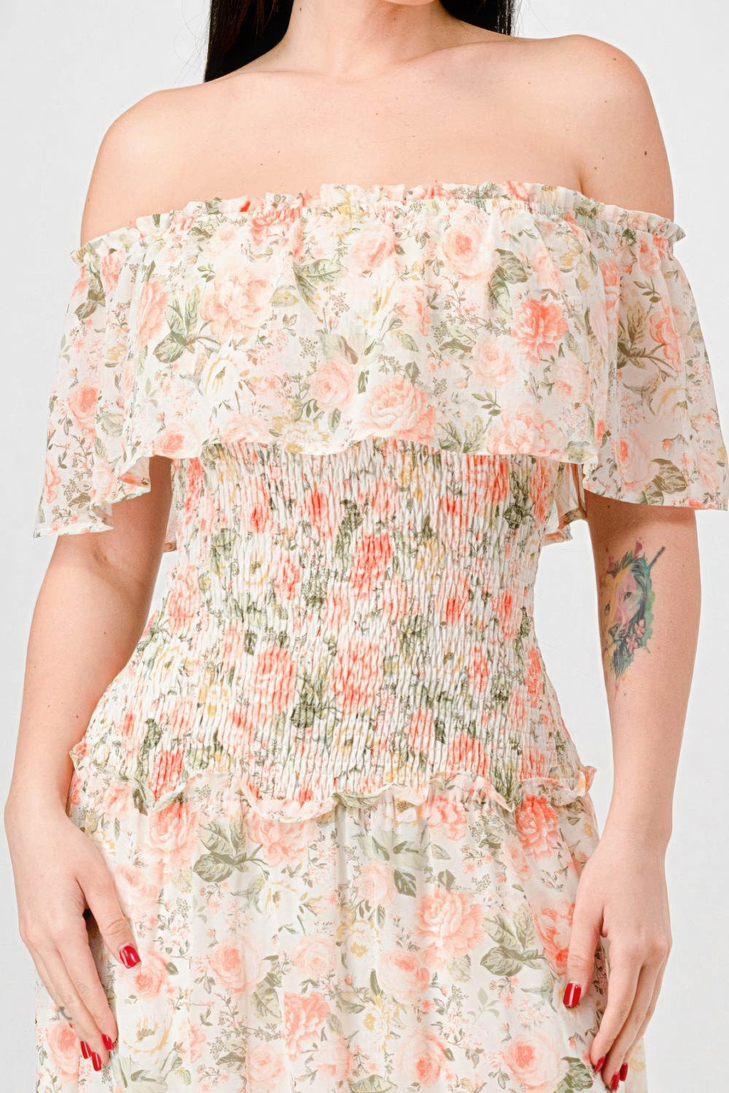 Floral Chiffon Off Shoulder Smocked Back Ruffled Tiered Maxi Dress-Product Type | Naughty Smile Fashion