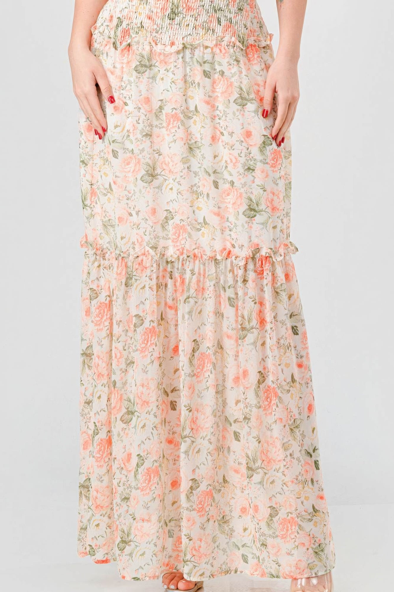 Floral Chiffon Off Shoulder Smocked Back Ruffled Tiered Maxi Dress-Product Type | Naughty Smile Fashion