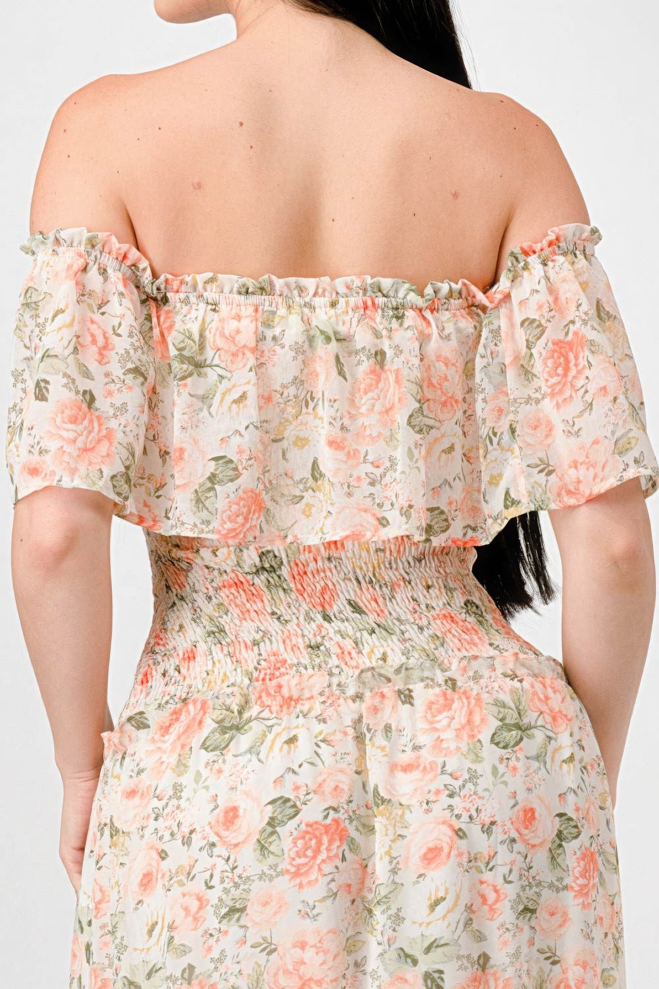 Floral Chiffon Off Shoulder Smocked Back Ruffled Tiered Maxi Dress-Product Type | Naughty Smile Fashion