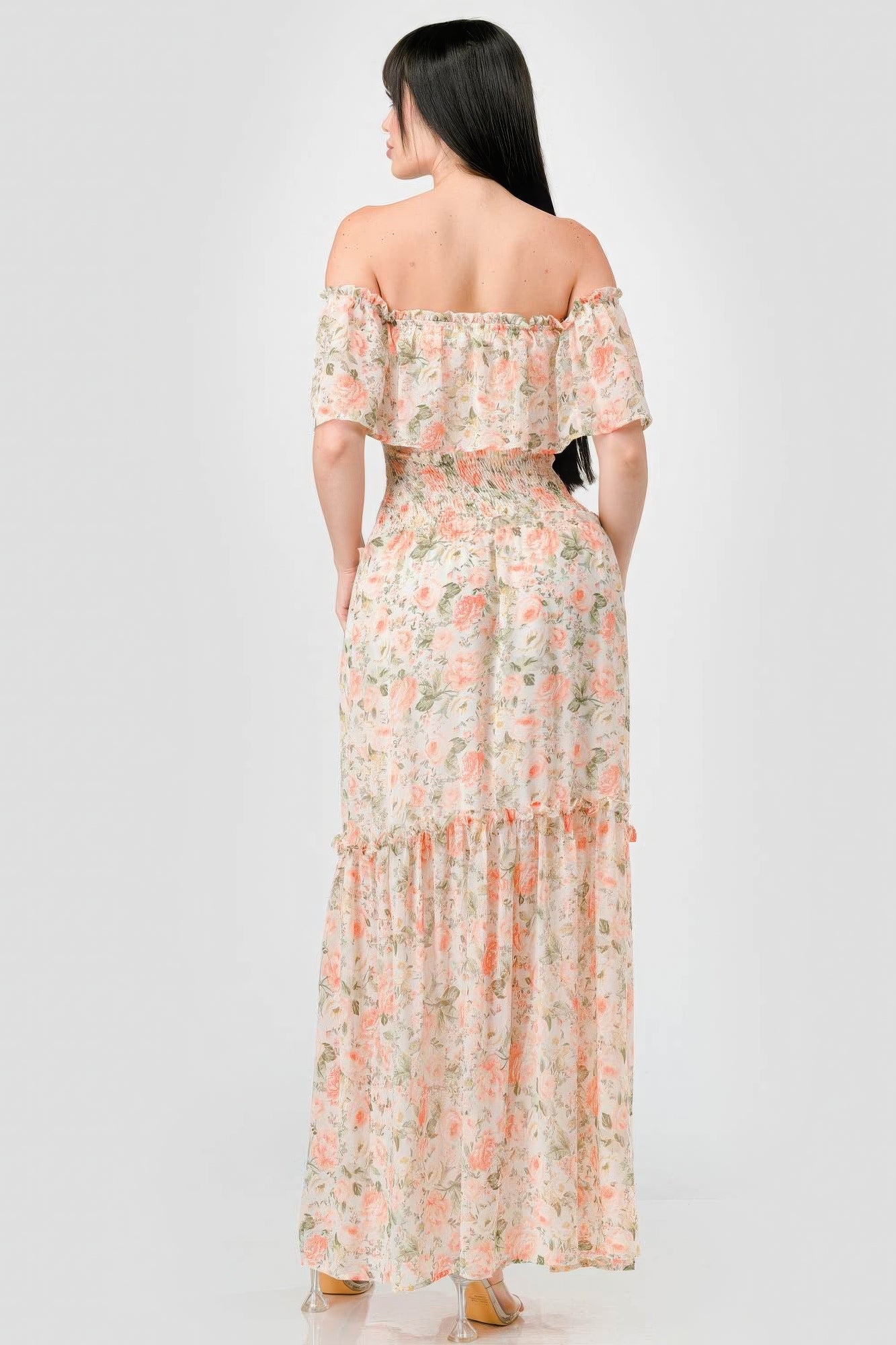 Floral Chiffon Off Shoulder Smocked Back Ruffled Tiered Maxi Dress-Product Type | Naughty Smile Fashion