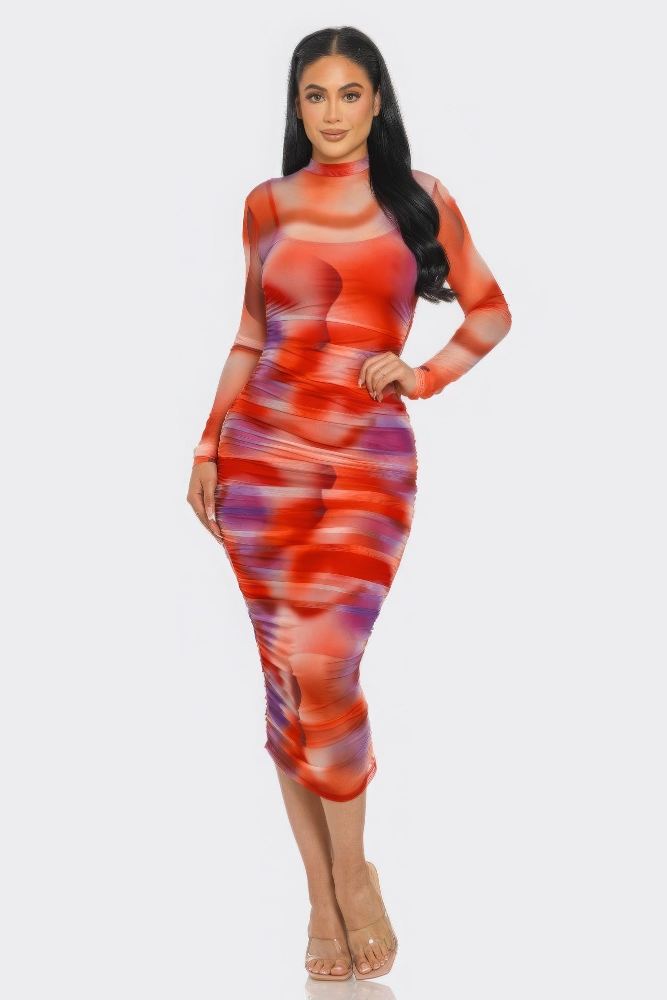 Summer Heat Print Mesh Ruched Midi Dress-Product Type | Naughty Smile Fashion