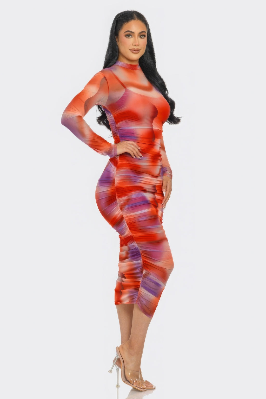 Summer Heat Print Mesh Ruched Midi Dress-Product Type | Naughty Smile Fashion