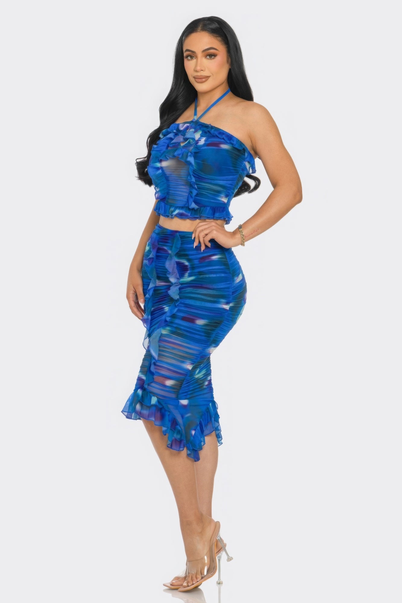 Tropical Waters Print Mesh Ruffle Halter Skirt Set-Product Type | Naughty Smile Fashion