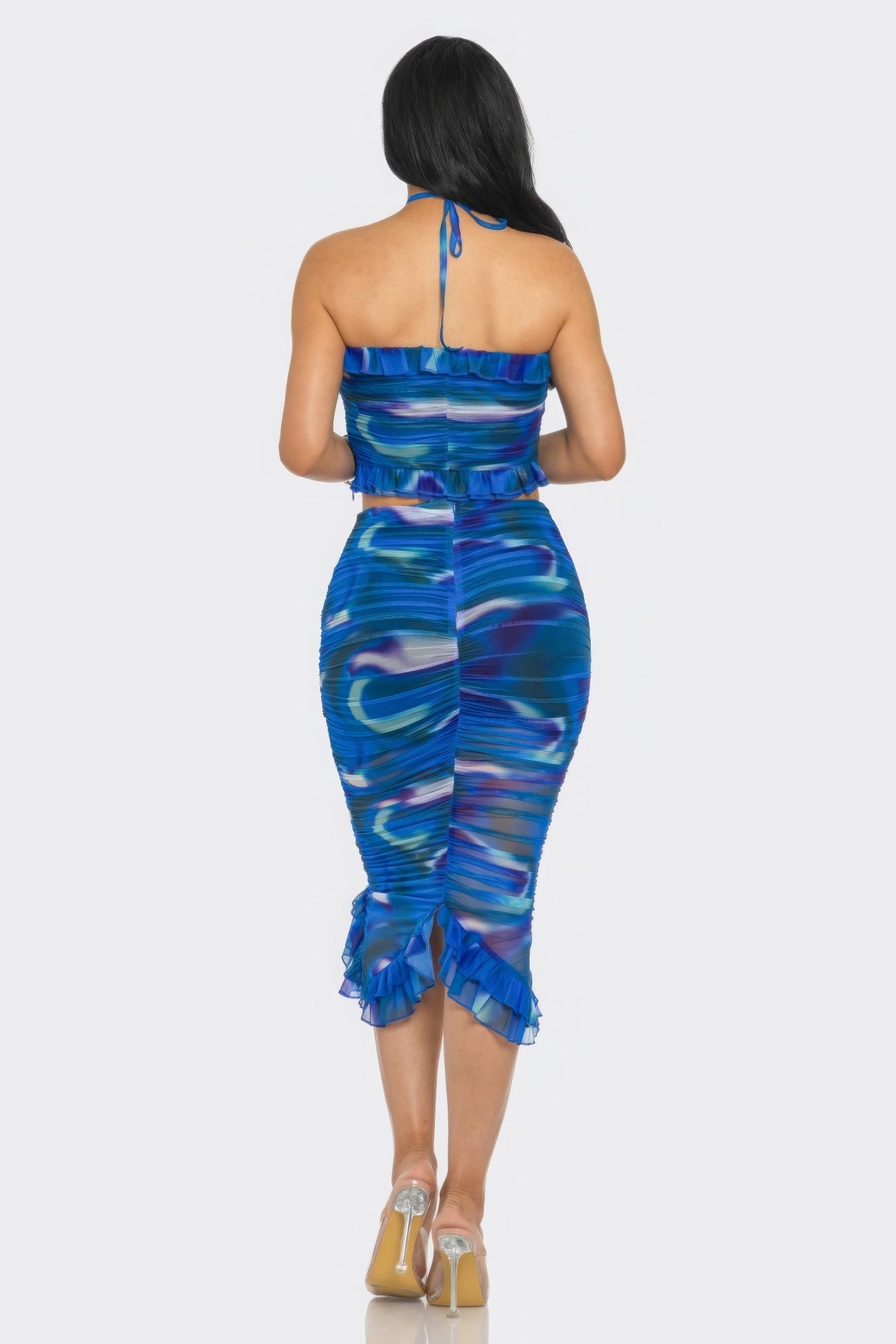 Tropical Waters Print Mesh Ruffle Halter Skirt Set-Product Type | Naughty Smile Fashion