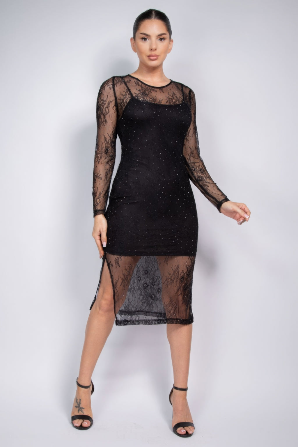 Lace Rhinestone-studded Slit Midi Dress-Product Type | Naughty Smile Fashion