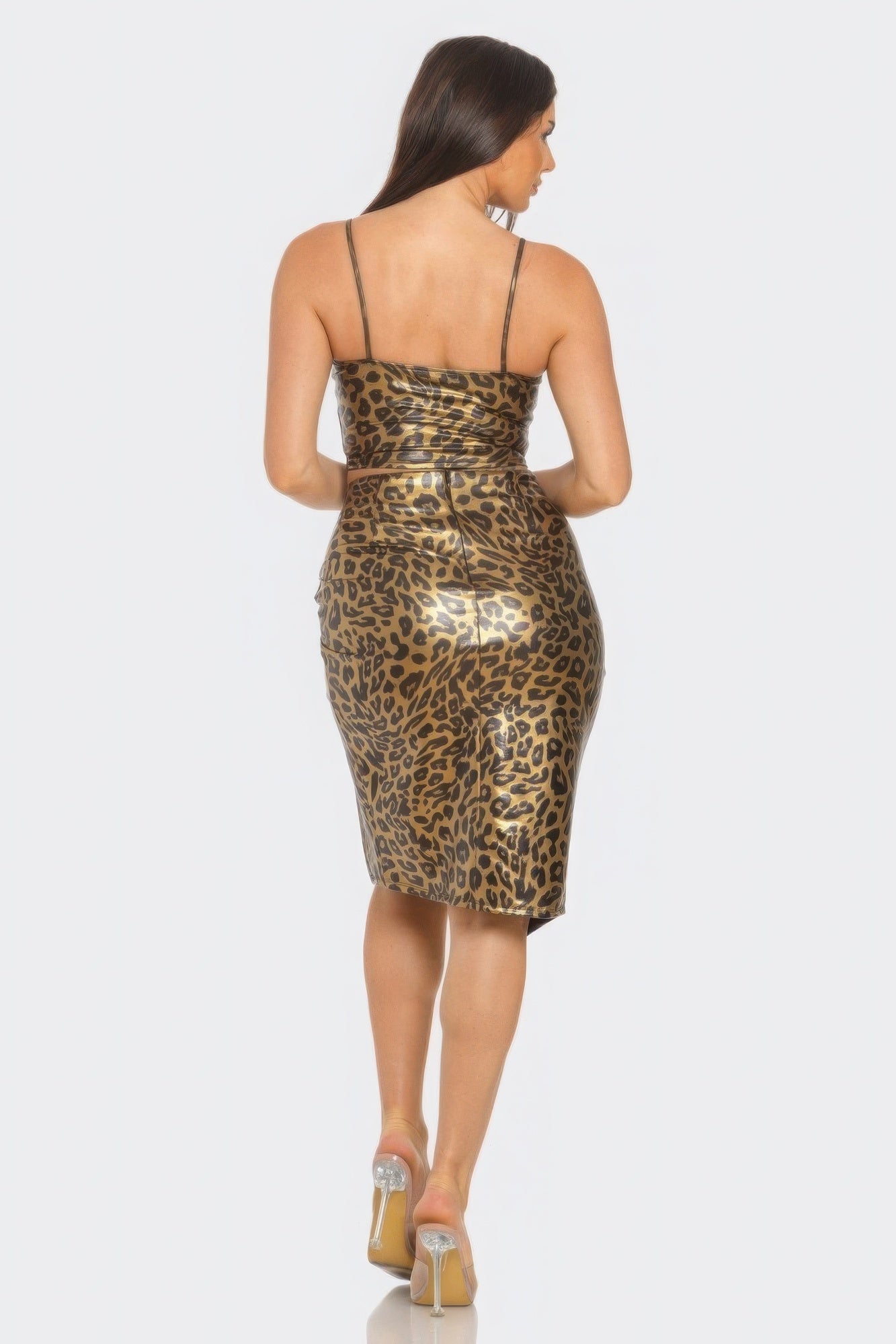 Pu Cheetah Print Top & Front Wrap Slit Skirt Set-Product Type | Naughty Smile Fashion