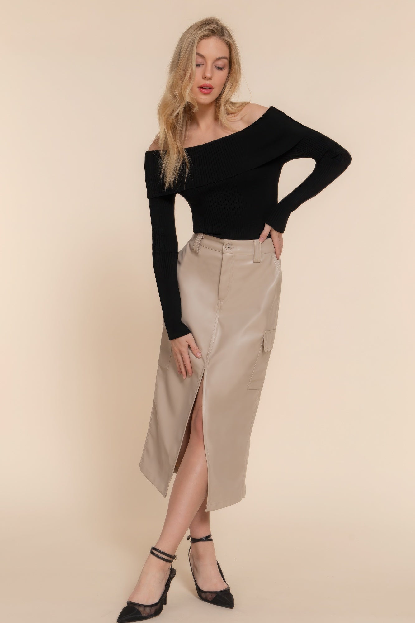 Faux Leather Midi Cargo Skirt-Product Type | Naughty Smile Fashion
