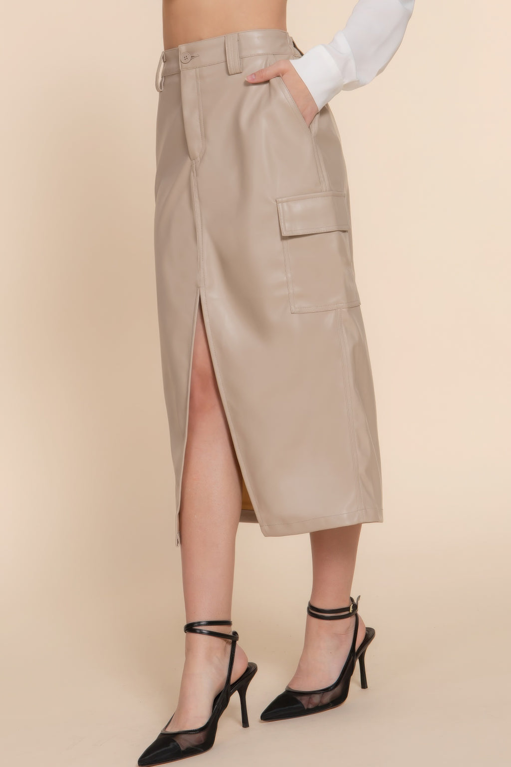 Faux Leather Midi Cargo Skirt-Product Type | Naughty Smile Fashion