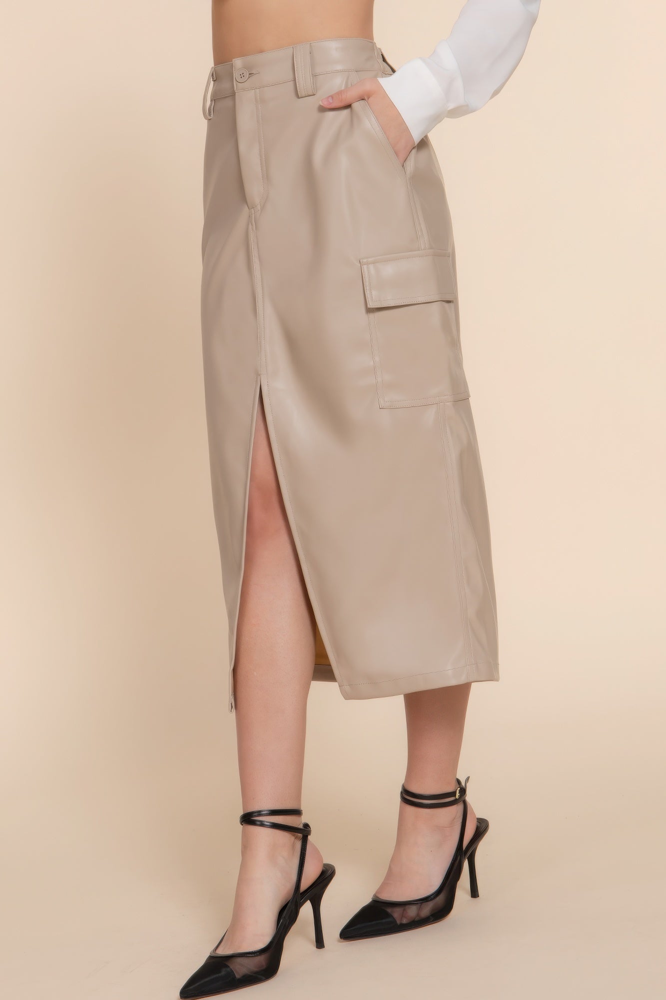 Faux Leather Midi Cargo Skirt-Product Type | Naughty Smile Fashion