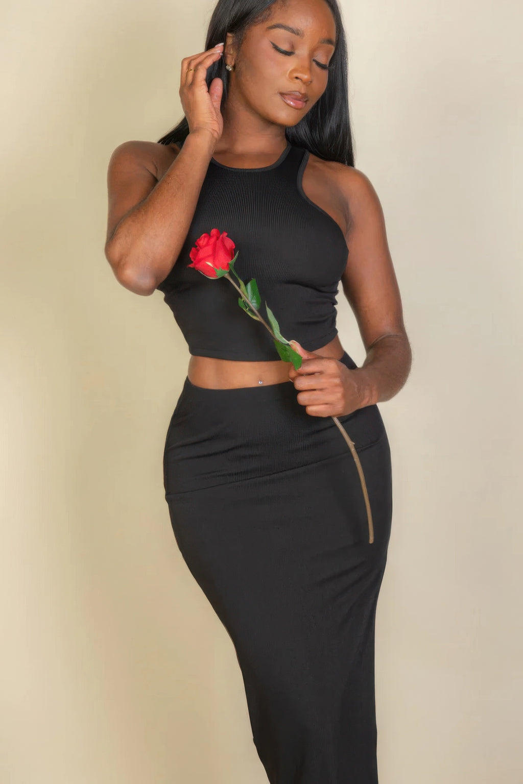 Ribbed cropped top and maxi side slit skirt-Product Type | Naughty Smile Fashion