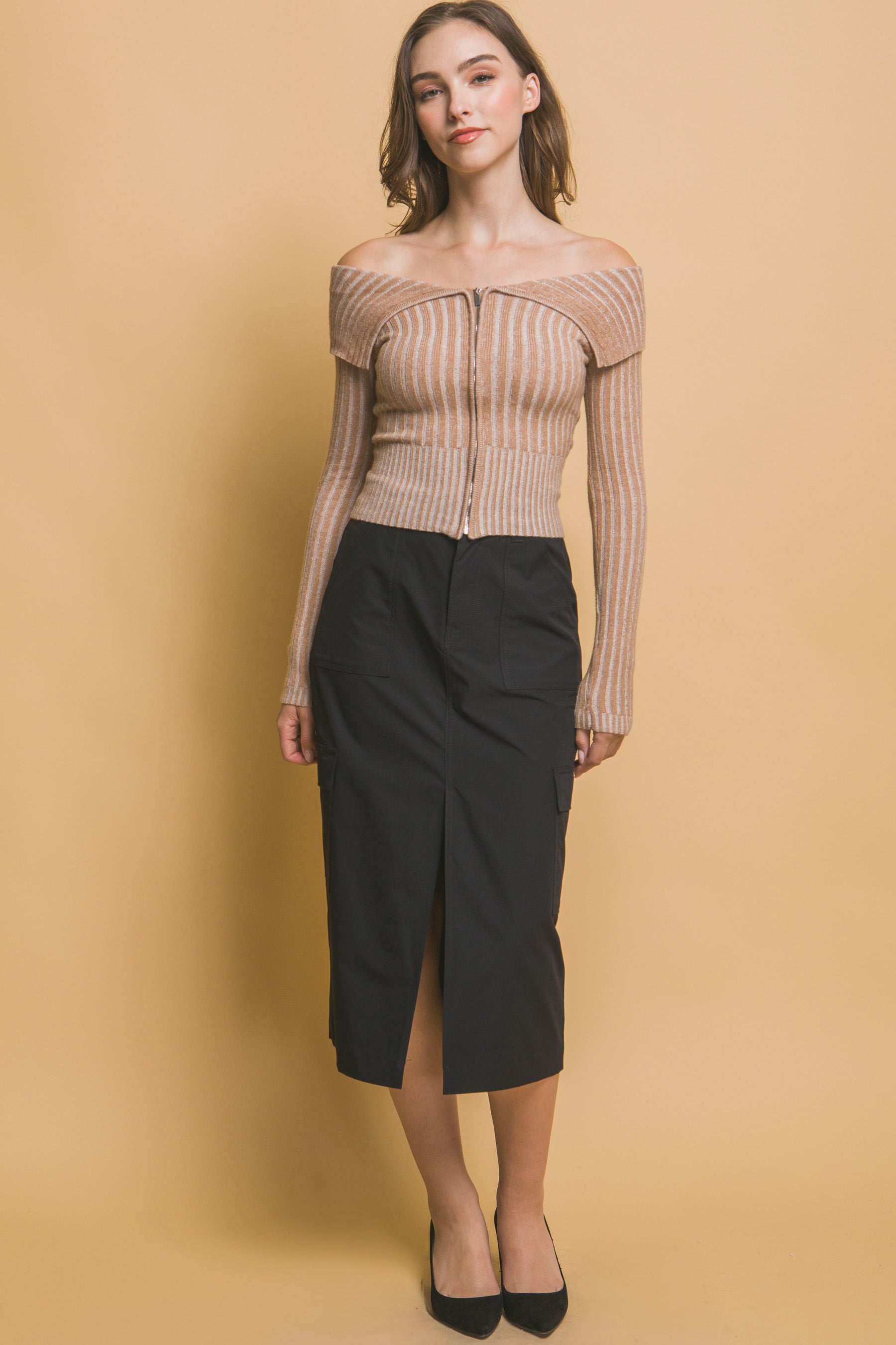 Ribbed bardot zip up long sleeve-Product Type | Naughty Smile Fashion