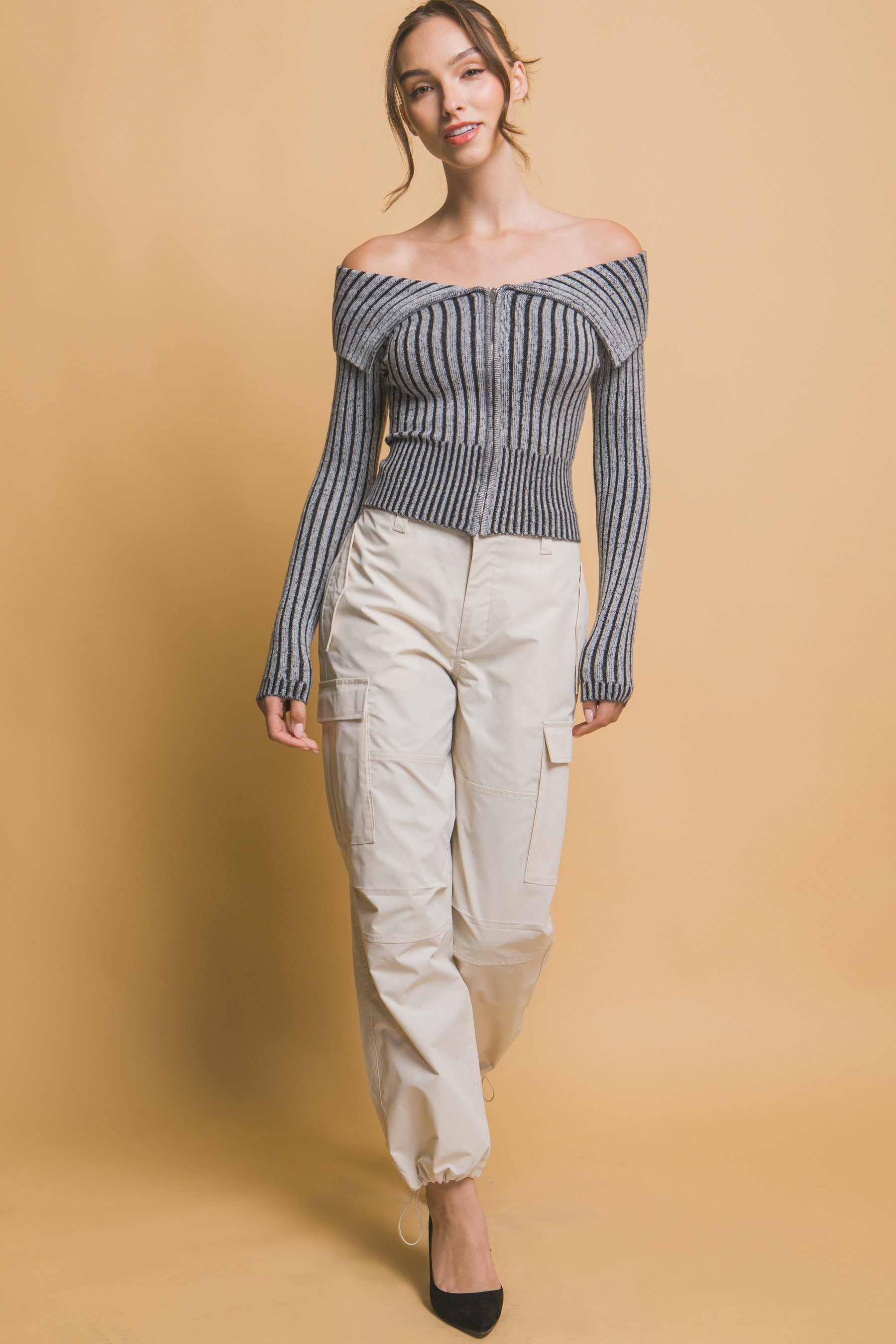 Ribbed bardot zip up long sleeve-Product Type | Naughty Smile Fashion