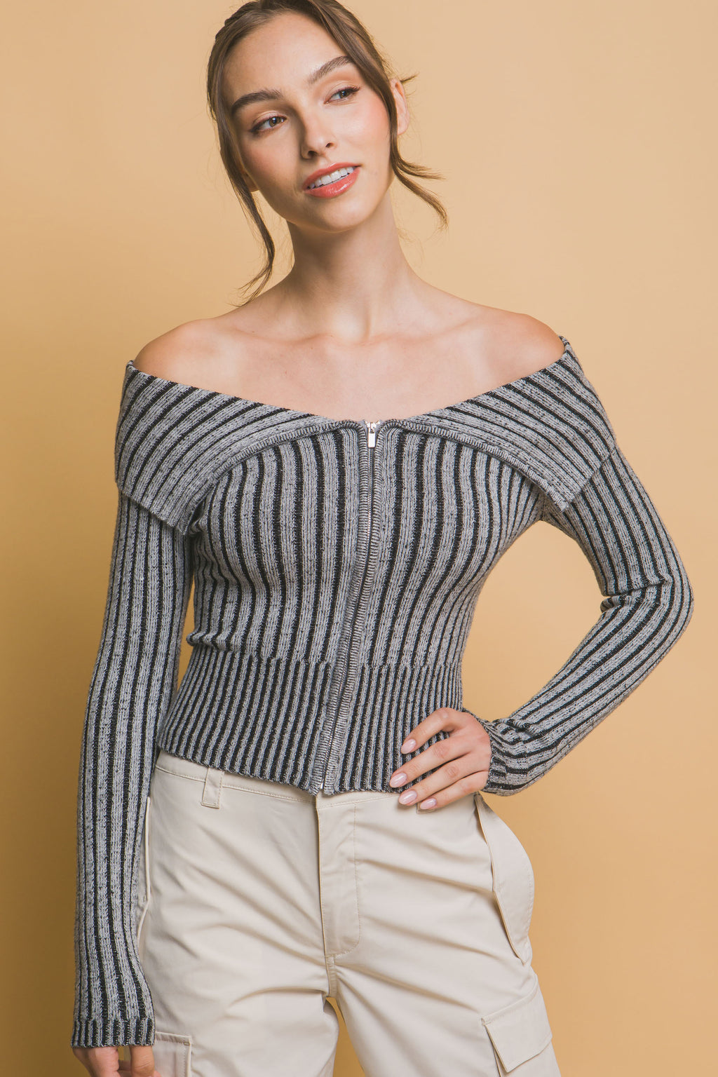 Ribbed bardot zip up long sleeve-Product Type | Naughty Smile Fashion