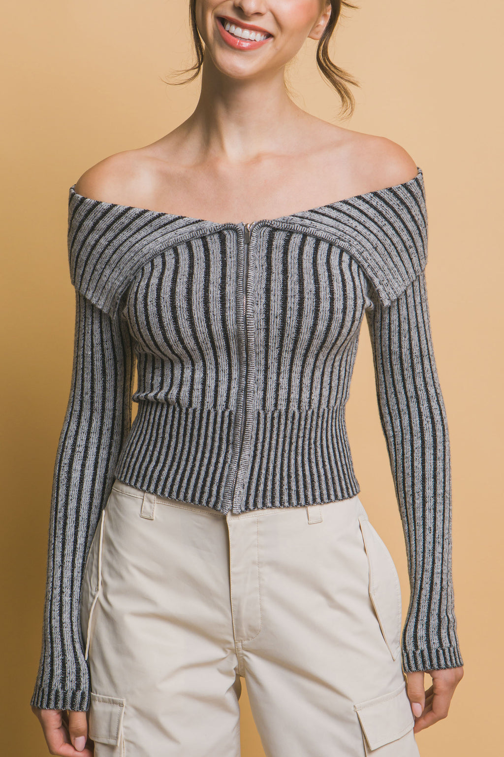 Ribbed bardot zip up long sleeve-Product Type | Naughty Smile Fashion