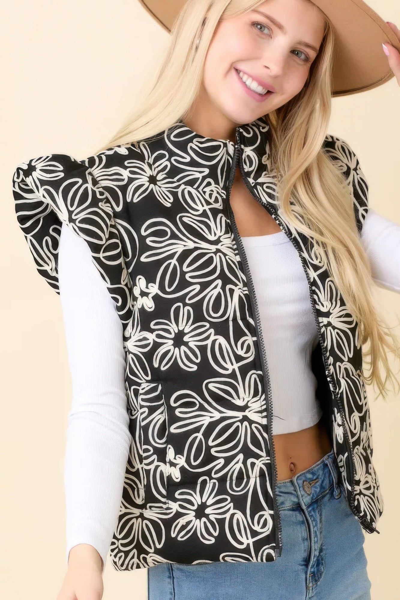 Floral Velvet Embroidered Denim Puffer Vest-Product Type | Naughty Smile Fashion