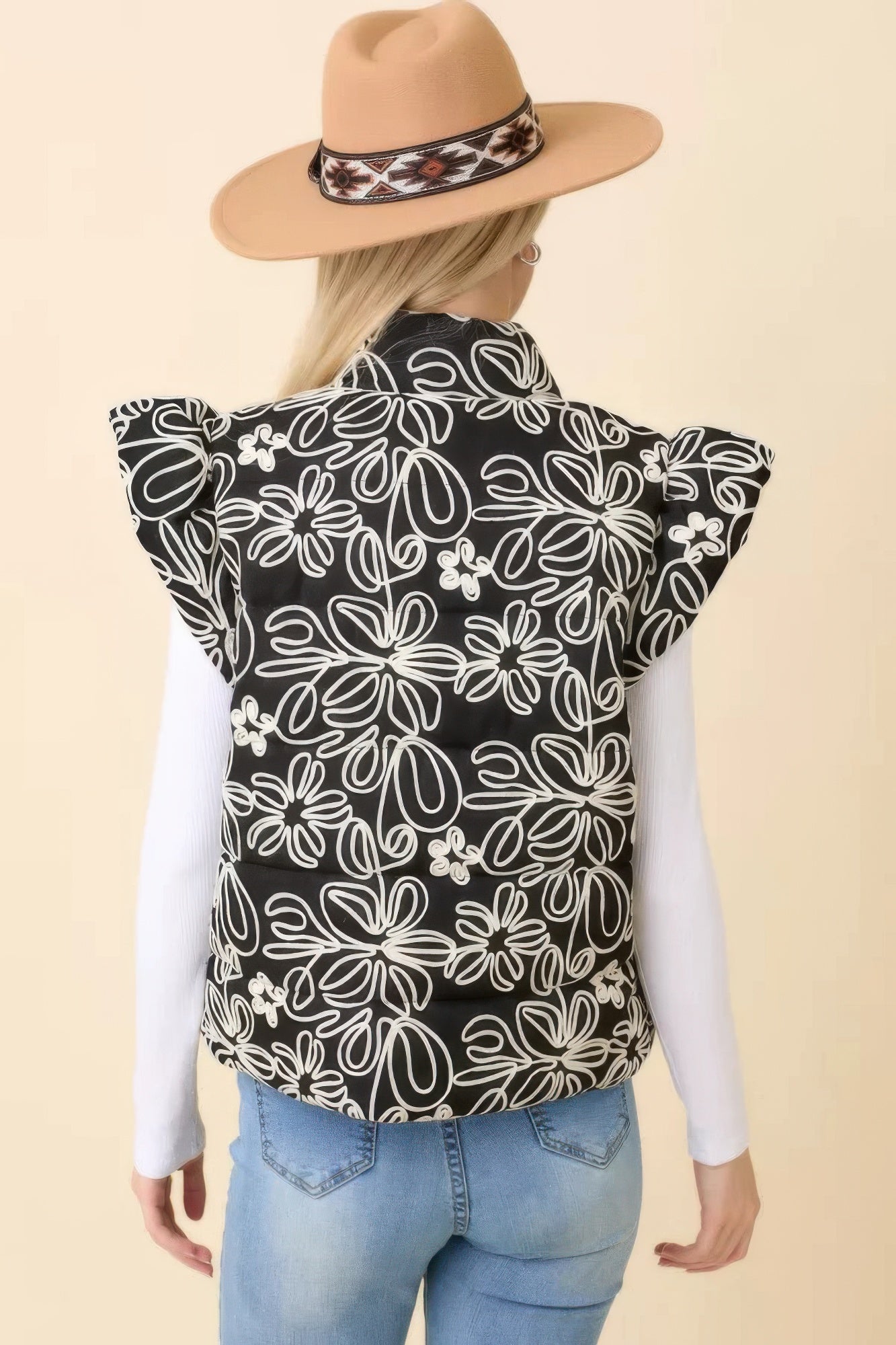 Floral Velvet Embroidered Denim Puffer Vest-Product Type | Naughty Smile Fashion
